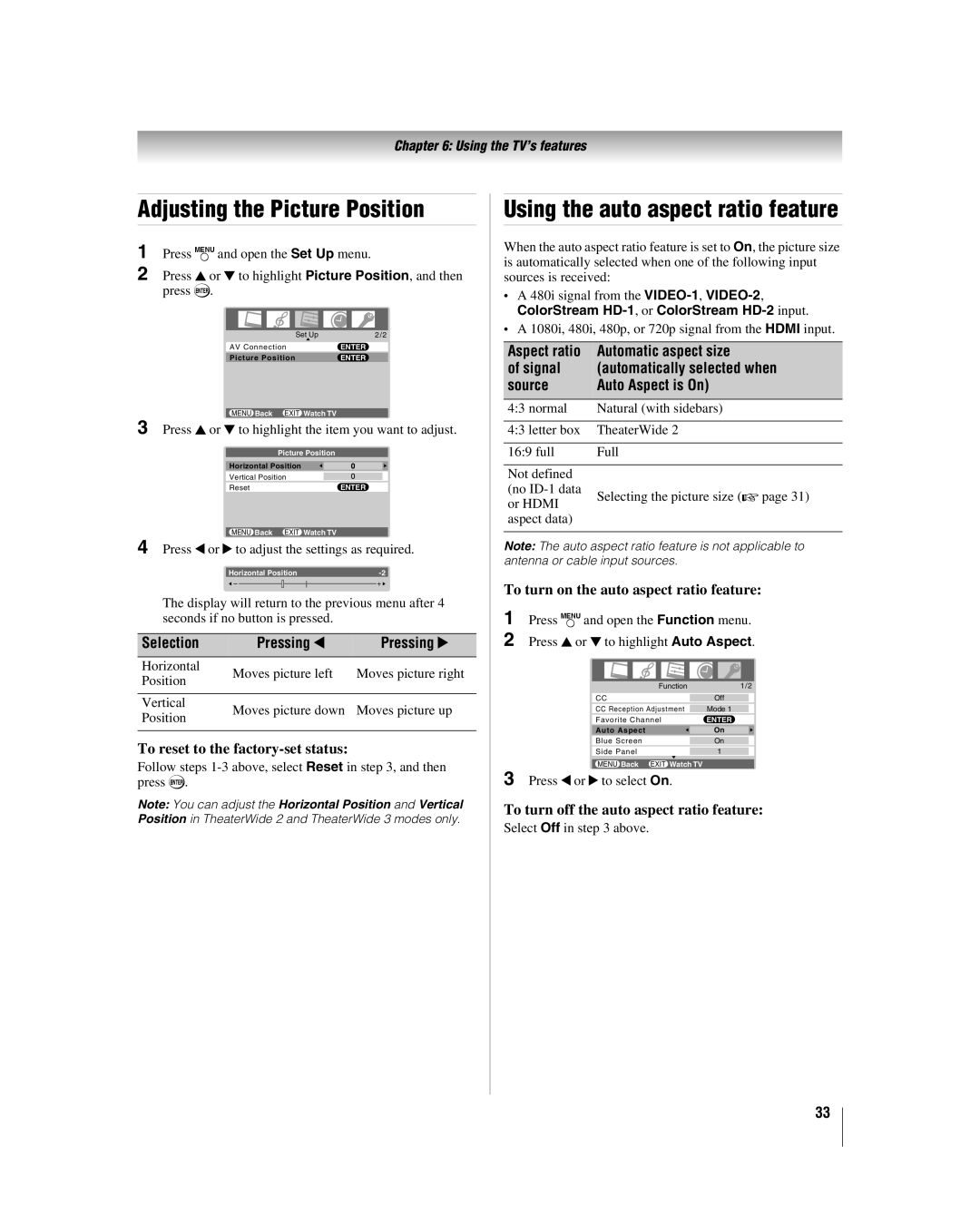 Toshiba 32HL86 manual Adjusting the Picture Position, Using the auto aspect ratio feature, Selection Pressing C Pressing c 