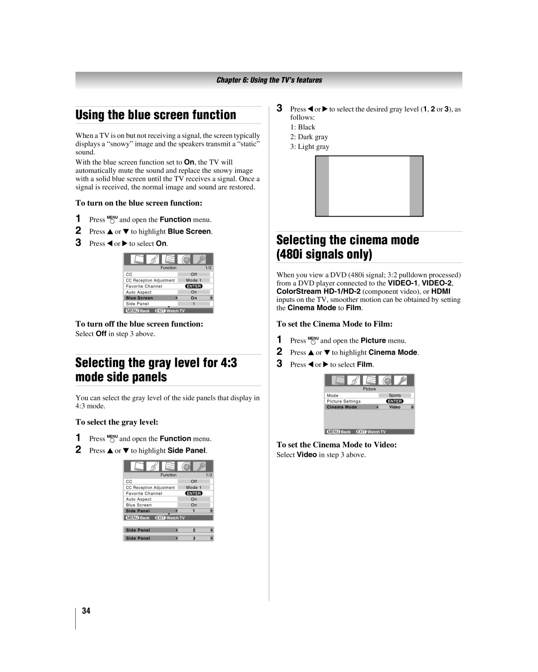 Toshiba 37HL86, 32HL86, 26HL86 manual Using the blue screen function, Selecting the gray level for 43 mode side panels 