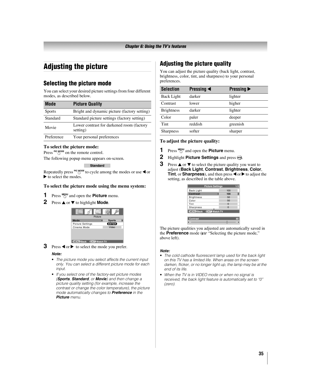 Toshiba 26HL86, 32HL86, 37HL86 manual Selecting the picture mode, Adjusting the picture quality, Mode Picture Quality 