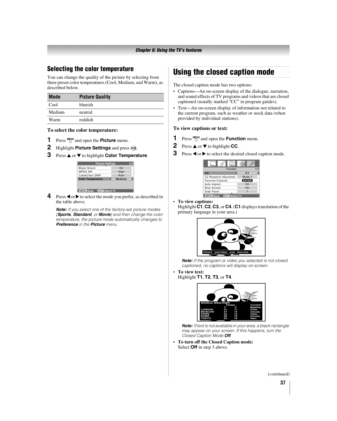 Toshiba 37HL86, 32HL86 Using the closed caption mode, Selecting the color temperature, To select the color temperature 