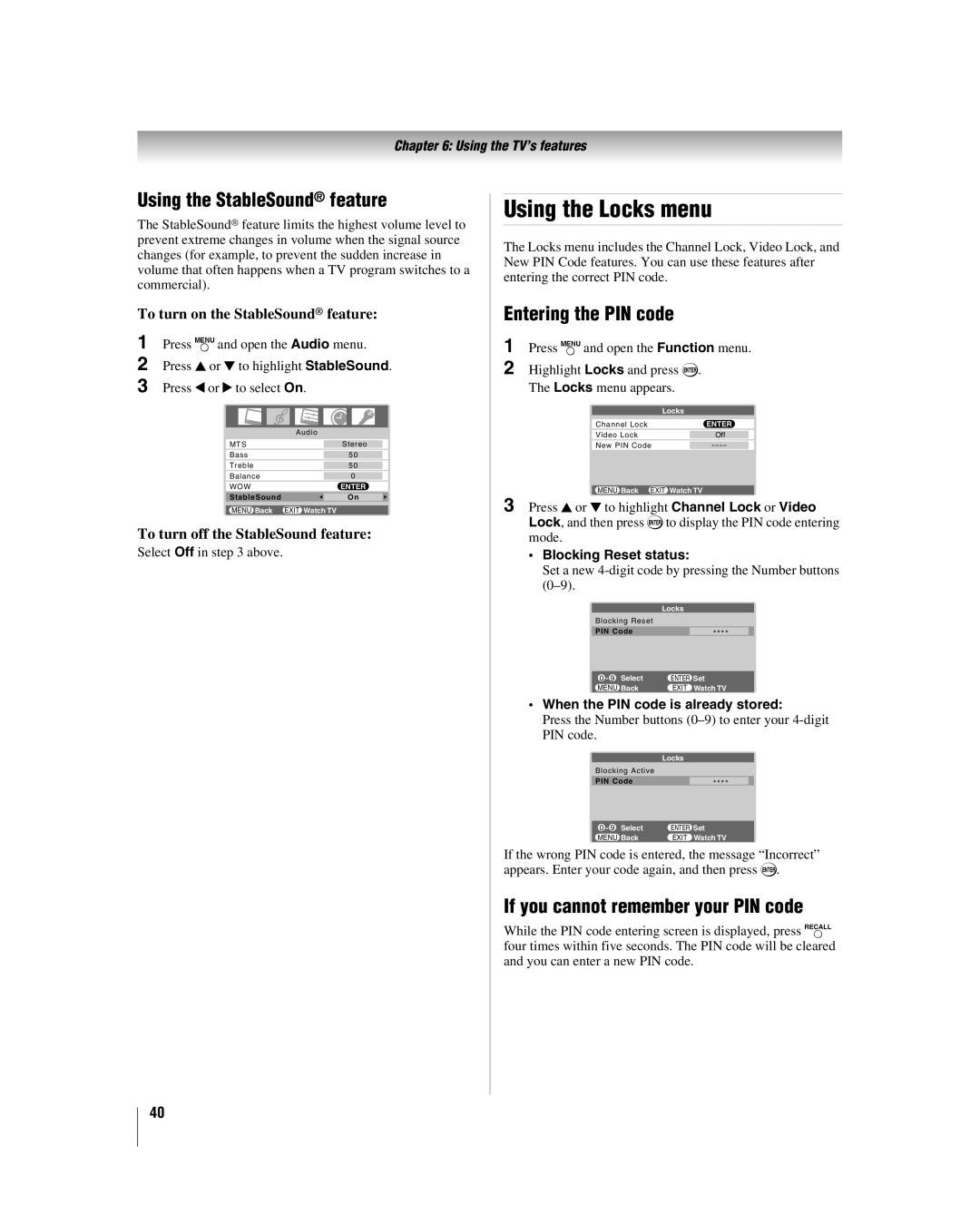 Toshiba 37HL86, 32HL86, 26HL86 manual Using the Locks menu, Using the StableSound feature, Entering the PIN code 