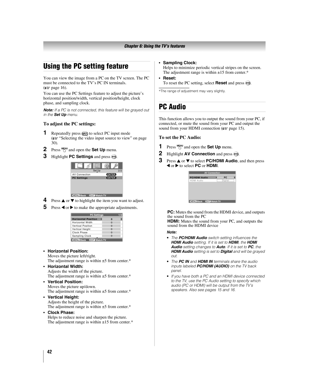 Toshiba 32HL86, 37HL86, 26HL86 manual Using the PC setting feature, To adjust the PC settings, To set the PC Audio 