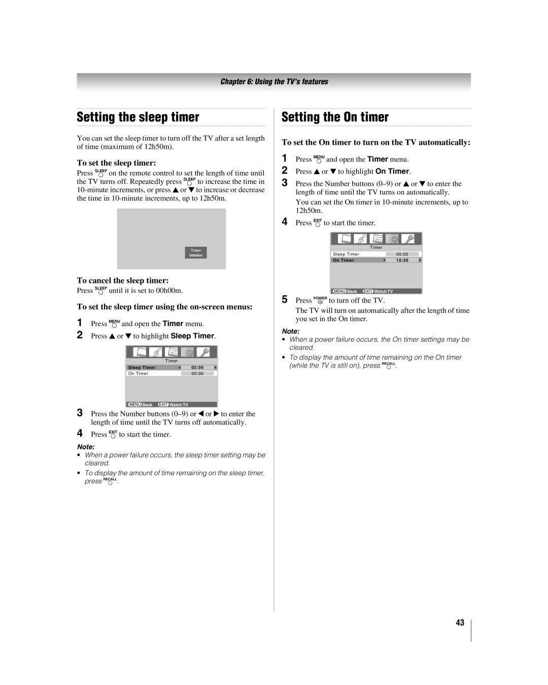 Toshiba 37HL86, 32HL86, 26HL86 manual Setting the sleep timer, Setting the On timer 