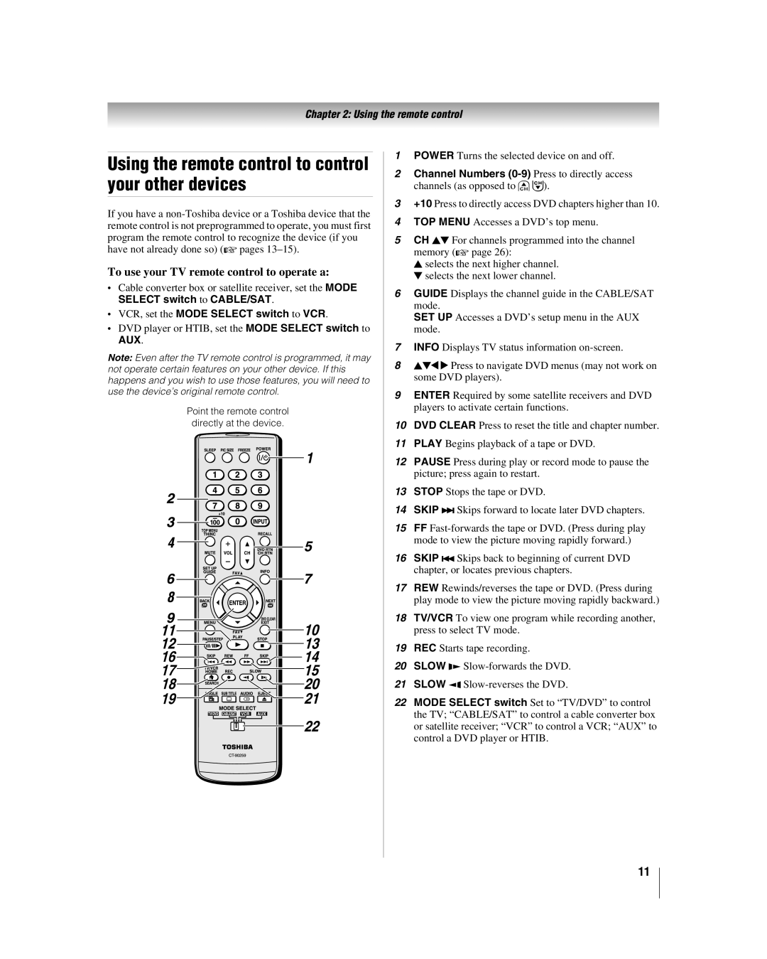 Toshiba 32HLV66 manual Using the remote control to control your other devices, To use your TV remote control to operate a 