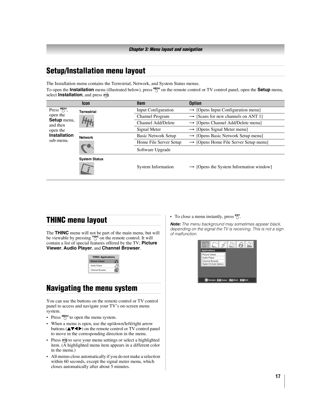 Toshiba 32HLV66 manual Setup/Installation menu layout, Thinc menu layout, Navigating the menu system, Setup menu 