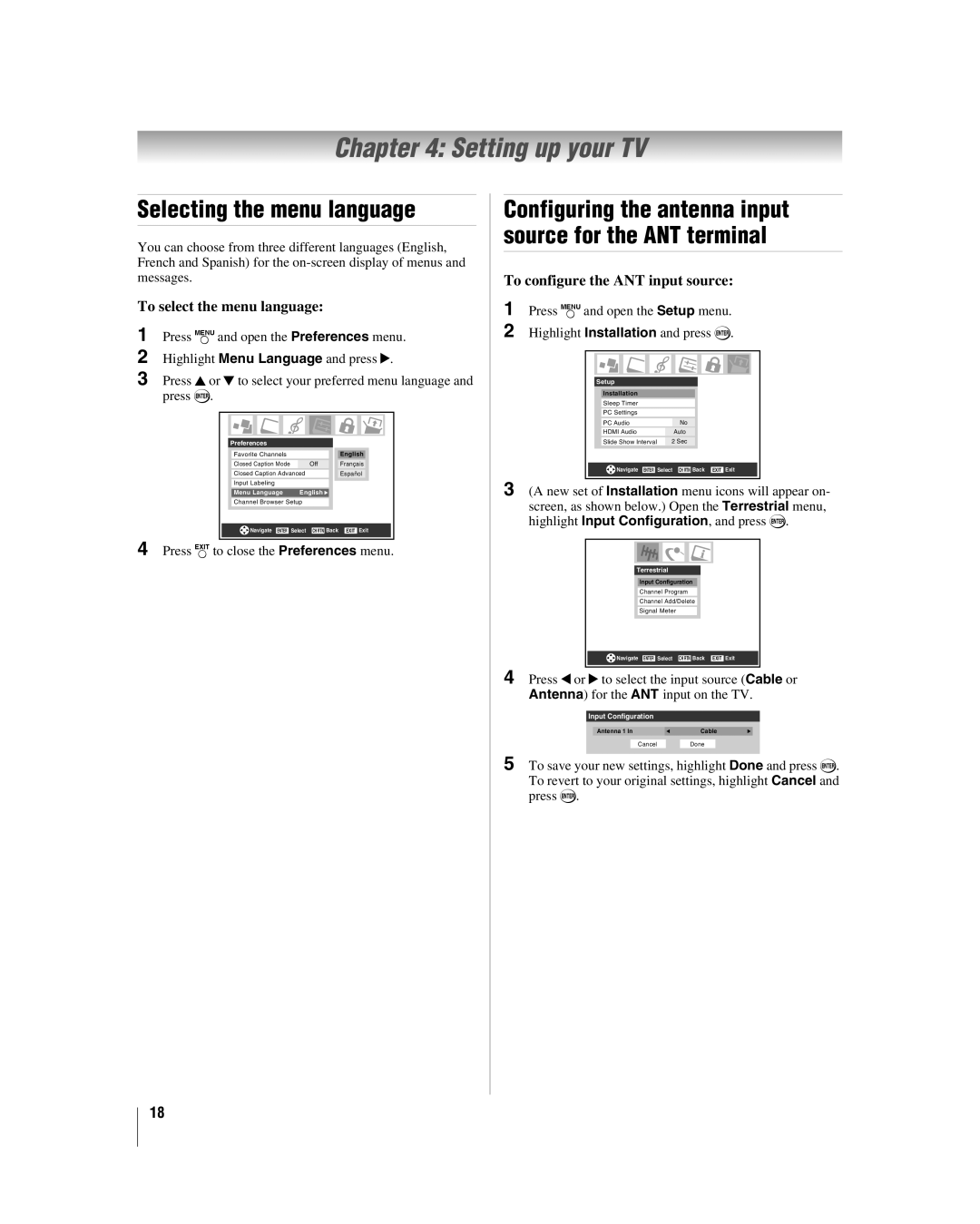 Toshiba 32HLV66 manual Setting up your TV, Selecting the menu language, To select the menu language 