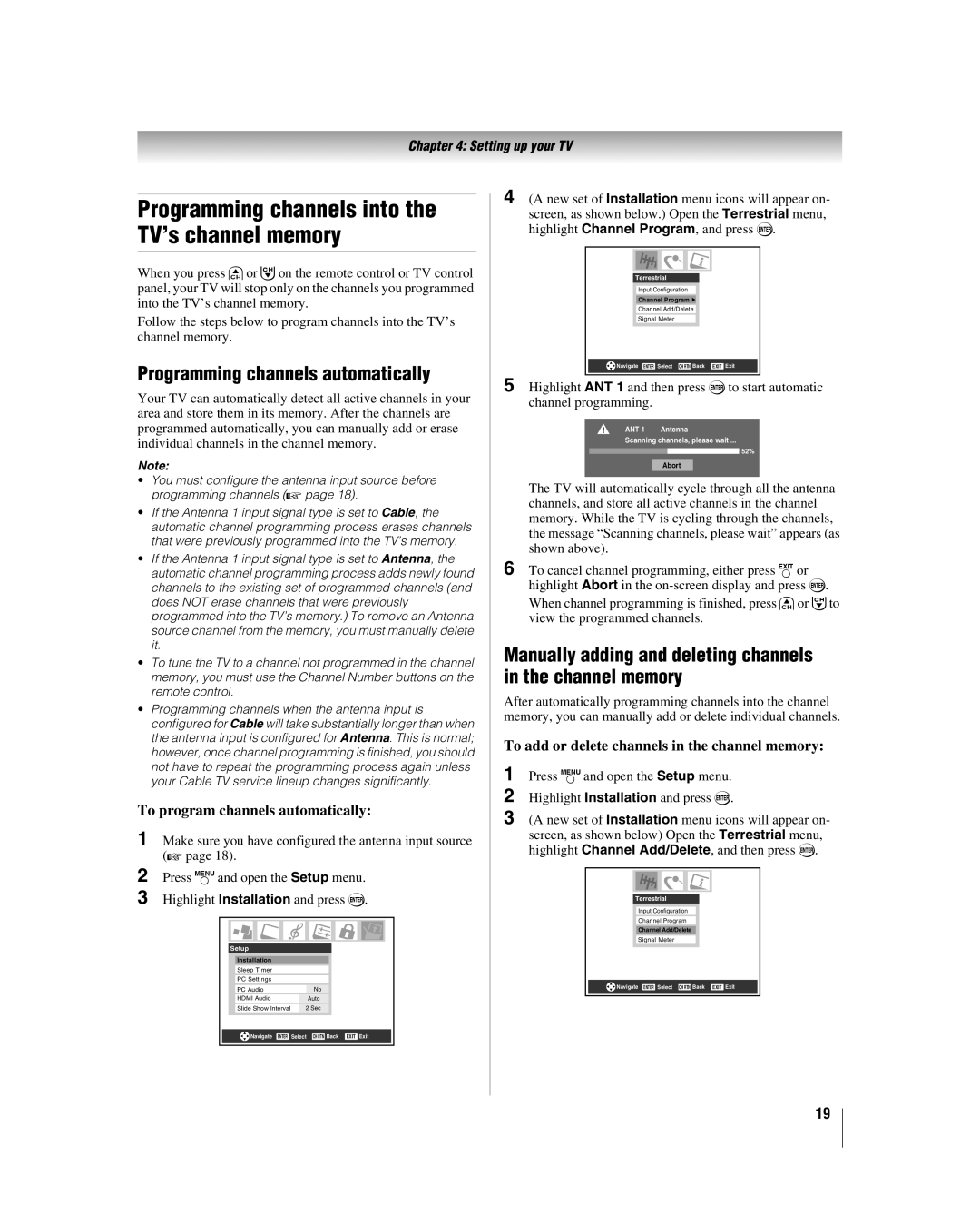 Toshiba 32HLV66 manual Programming channels automatically, Manually adding and deleting channels in the channel memory 