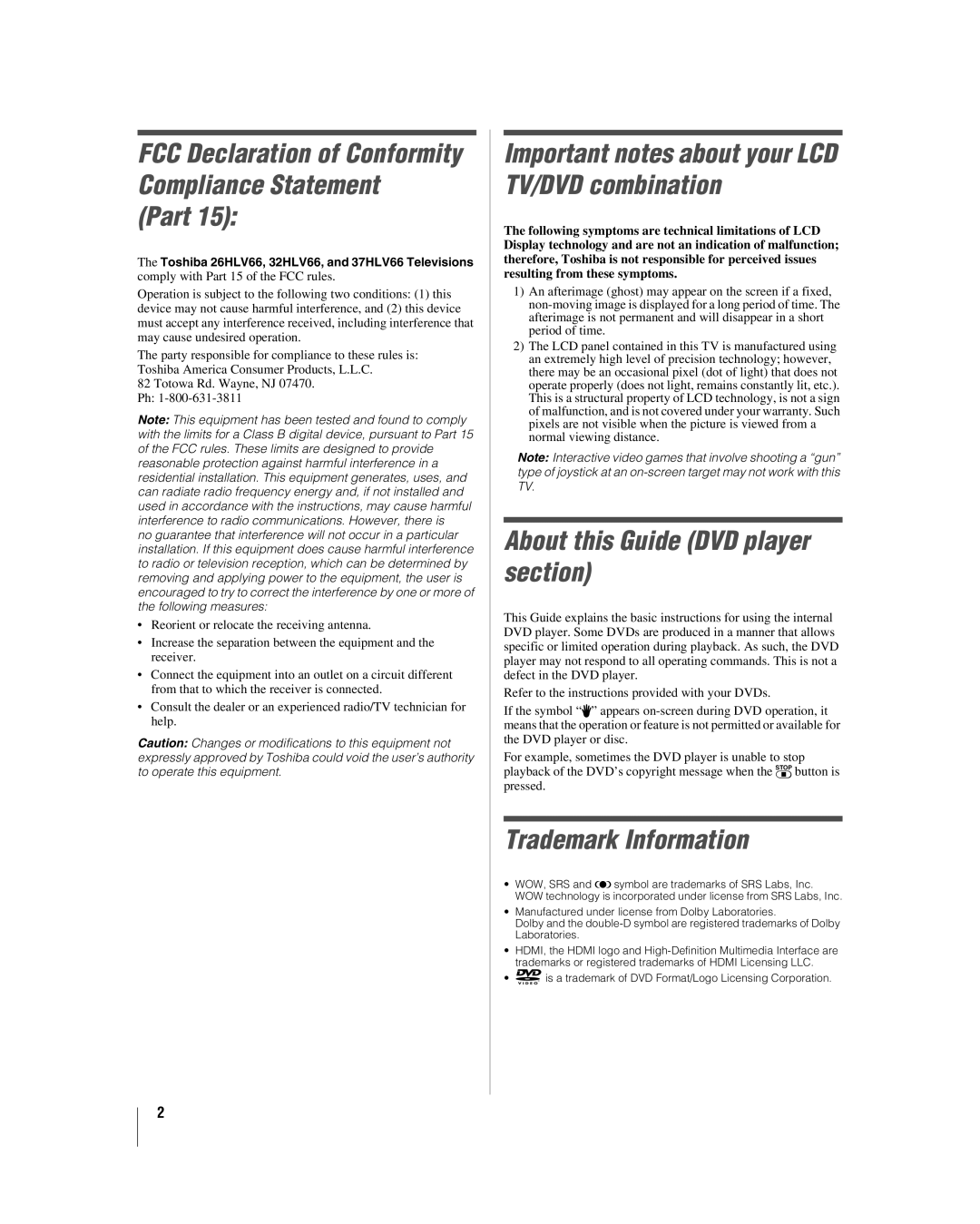 Toshiba 32HLV66 manual Part, Important notes about your LCD TV/DVD combination, About this Guide DVD player section 