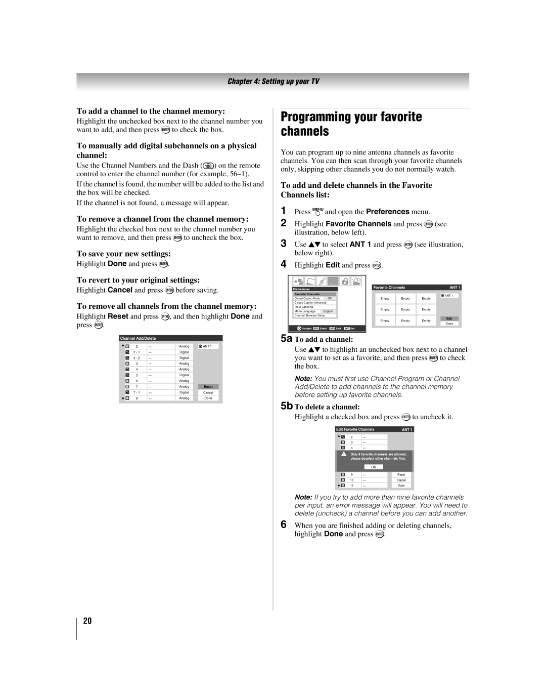 Toshiba 32HLV66 manual Programming your favorite channels 