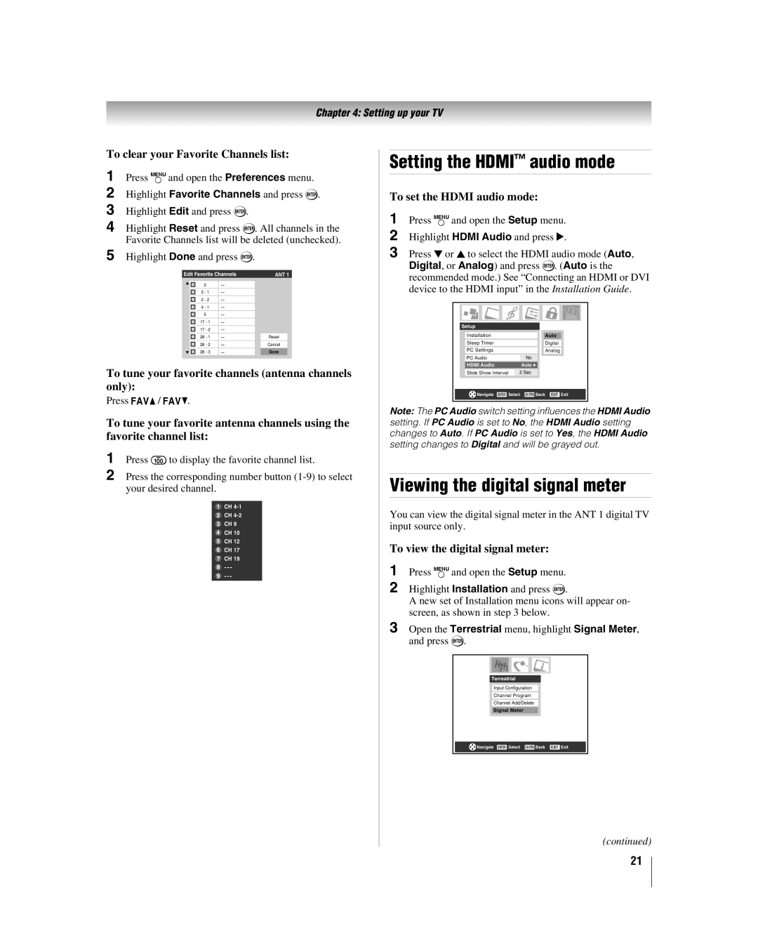 Toshiba 32HLV66 manual Setting the Hdmi audio mode, Viewing the digital signal meter 