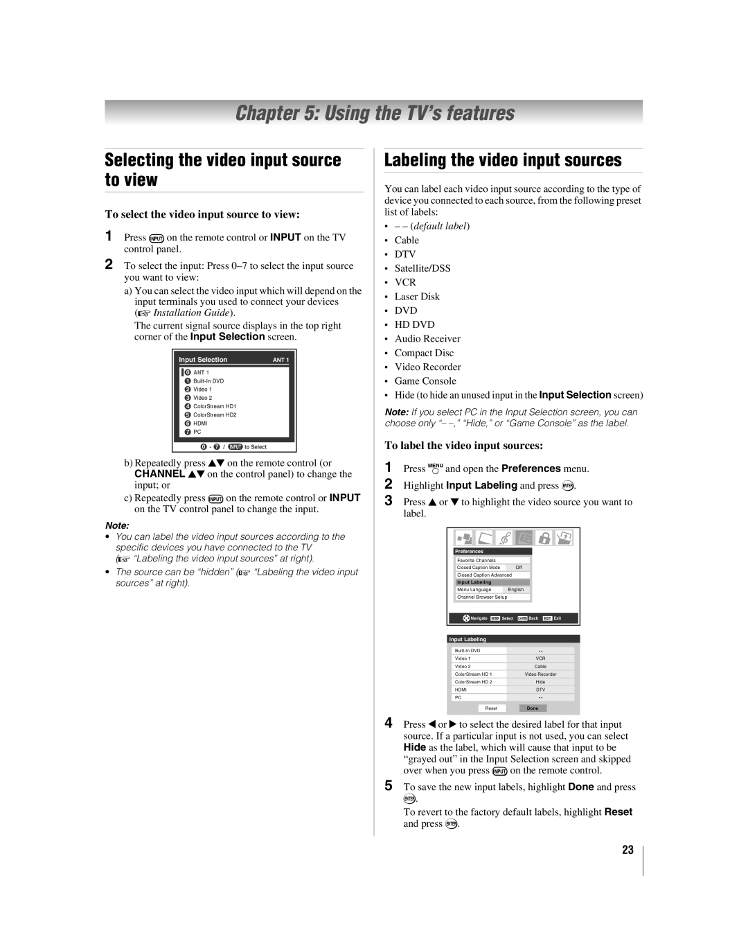 Toshiba 32HLV66 manual Using the TV’s features, Selecting the video input source to view, Labeling the video input sources 