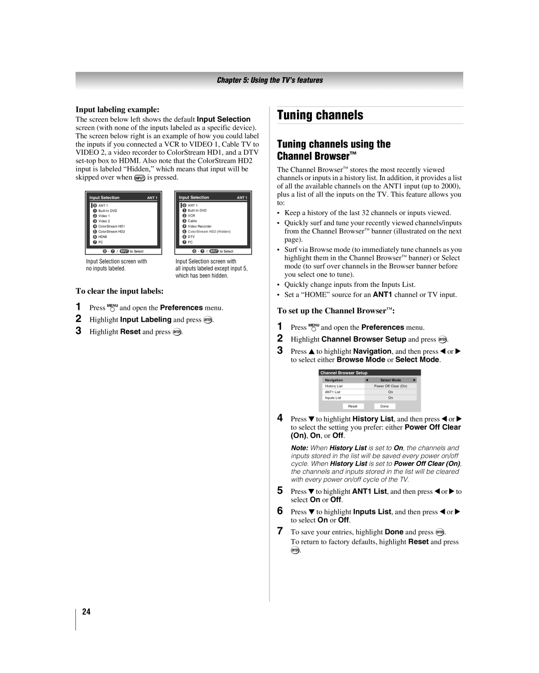 Toshiba 32HLV66 manual Tuning channels using Channel Browser, Input labeling example, To clear the input labels 