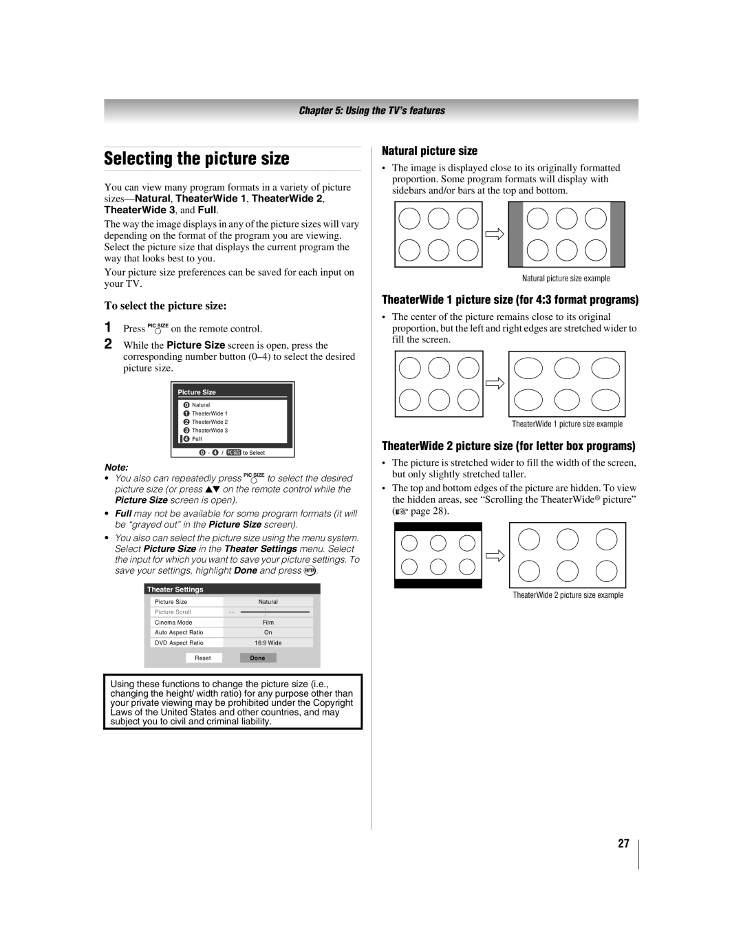 Toshiba 32HLV66 manual Selecting the picture size, To select the picture size, Natural picture size 