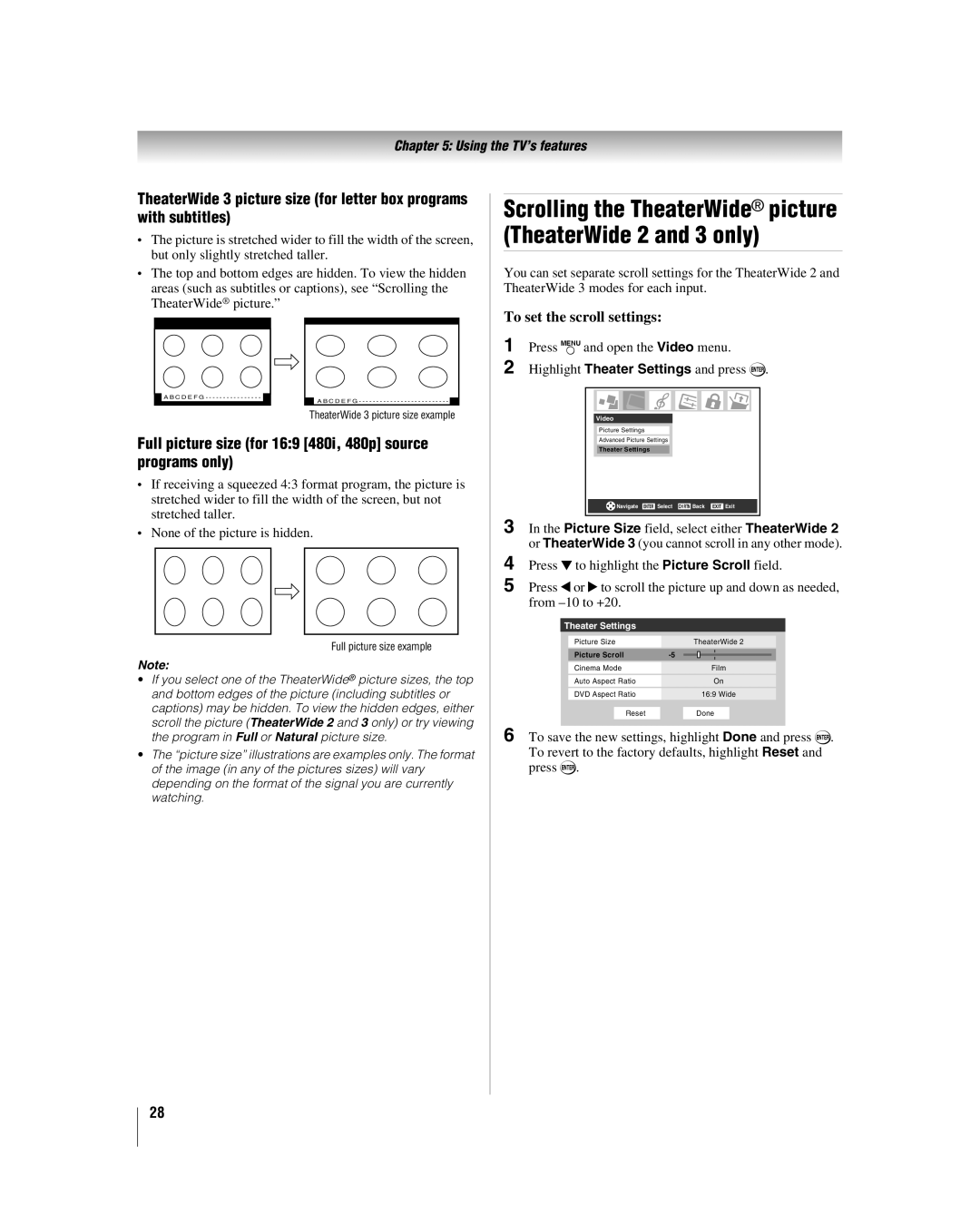 Toshiba 32HLV66 manual Full picture size for 169 480i, 480p source programs only, To set the scroll settings 