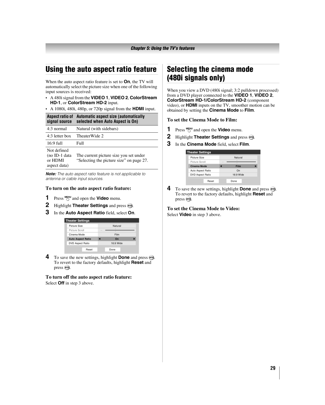 Toshiba 32HLV66 manual To turn on the auto aspect ratio feature, To turn off the auto aspect ratio feature 