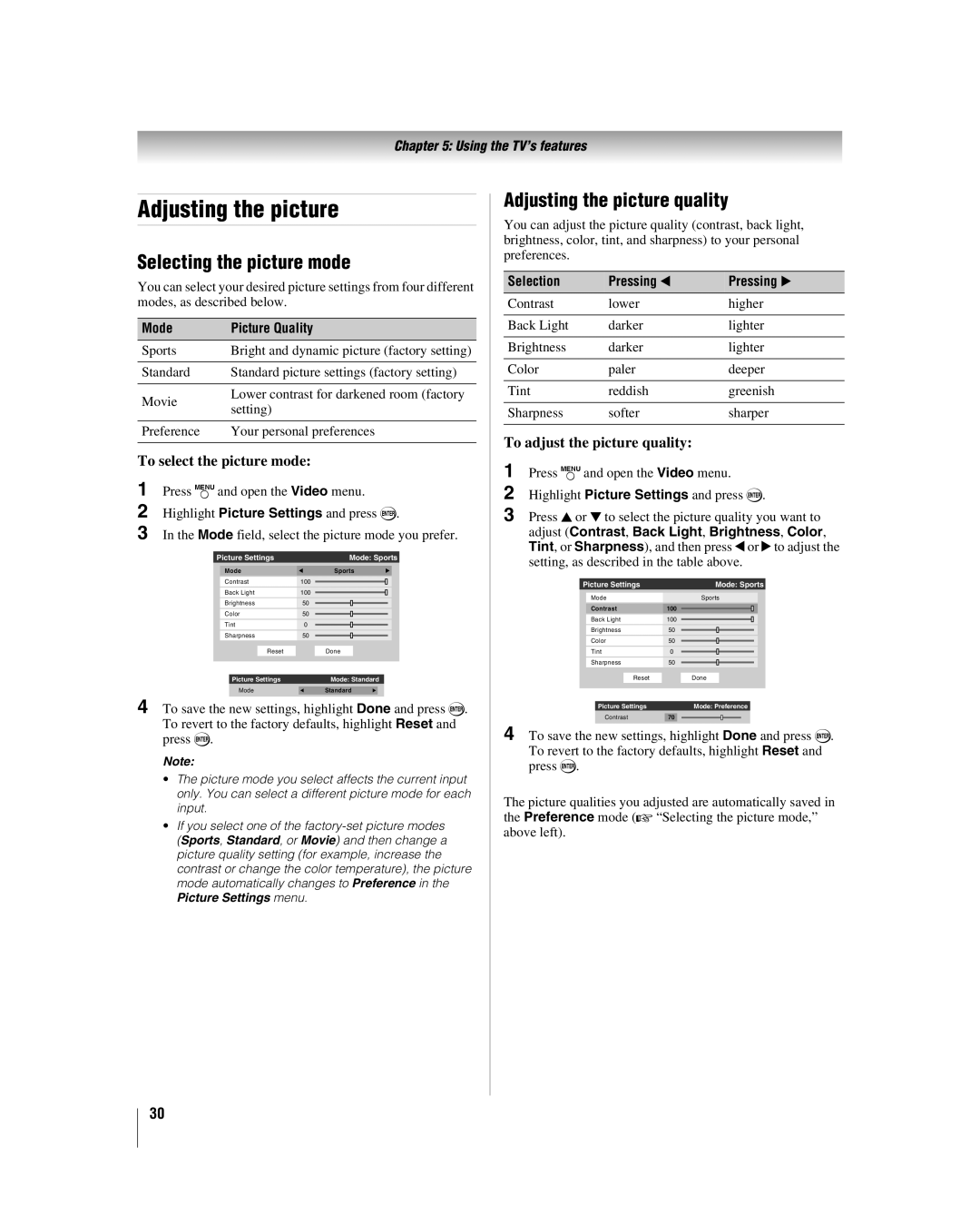 Toshiba 32HLV66 manual Selecting the picture mode, Adjusting the picture quality, To select the picture mode 