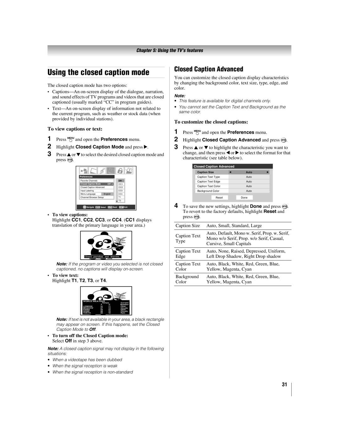 Toshiba 32HLV66 manual Using the closed caption mode, Closed Caption Advanced, To view captions or text 