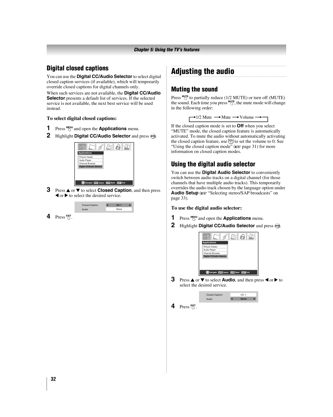 Toshiba 32HLV66 manual Adjusting the audio, Digital closed captions, Muting the sound, Using the digital audio selector 