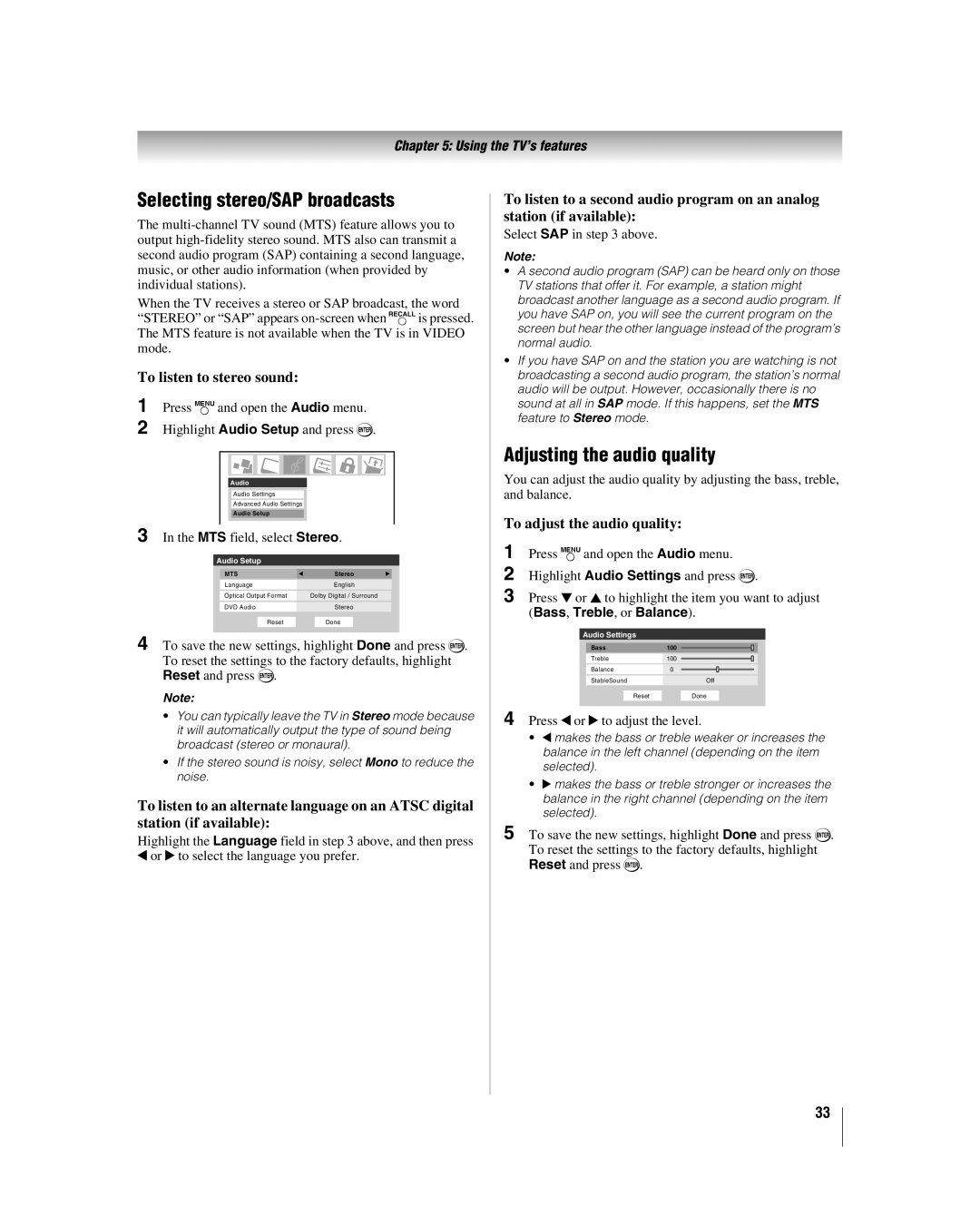 Toshiba 32HLV66 manual Selecting stereo/SAP broadcasts, Adjusting the audio quality, To listen to stereo sound 