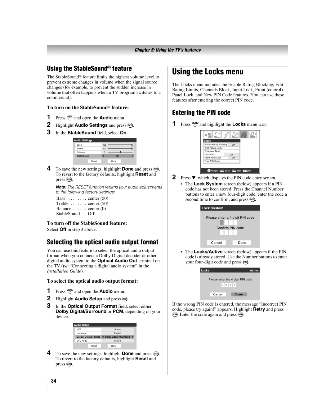 Toshiba 32HLV66 manual Using the Locks menu, Using the StableSound feature, Entering the PIN code 