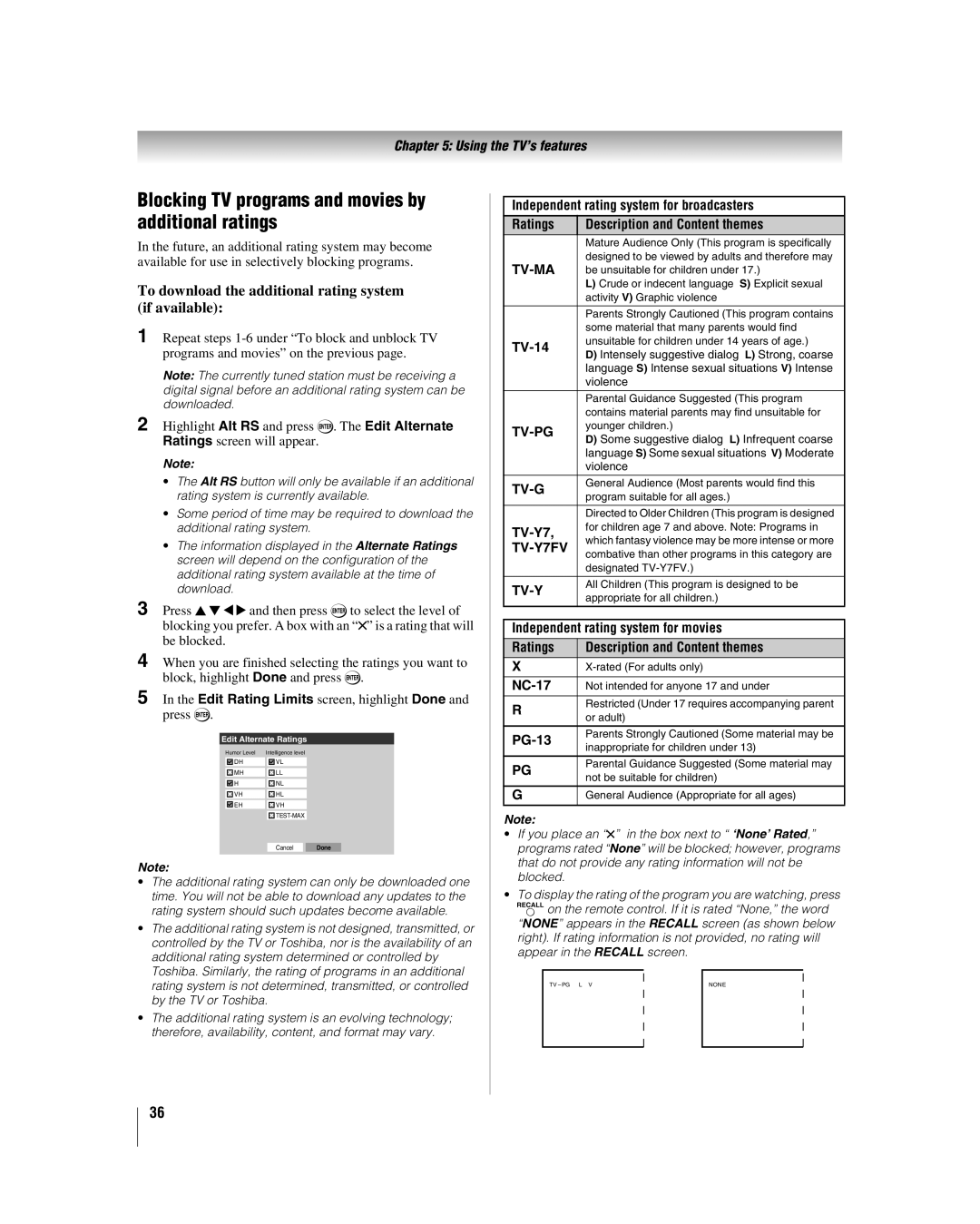 Toshiba 32HLV66 manual Blocking TV programs and movies by additional ratings 