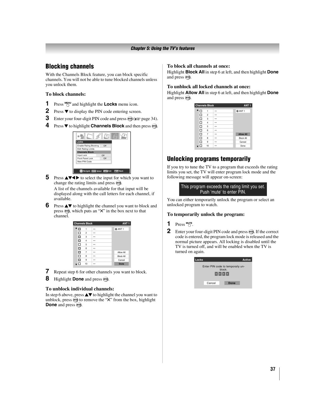 Toshiba 32HLV66 manual Blocking channels, Unlocking programs temporarily 