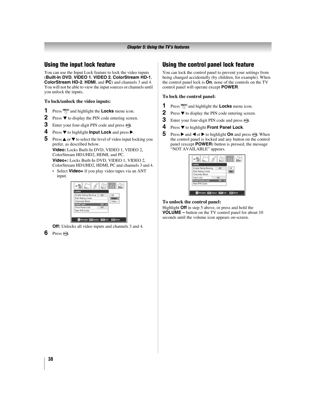 Toshiba 32HLV66 manual Using the input lock feature, Using the control panel lock feature, To lock/unlock the video inputs 