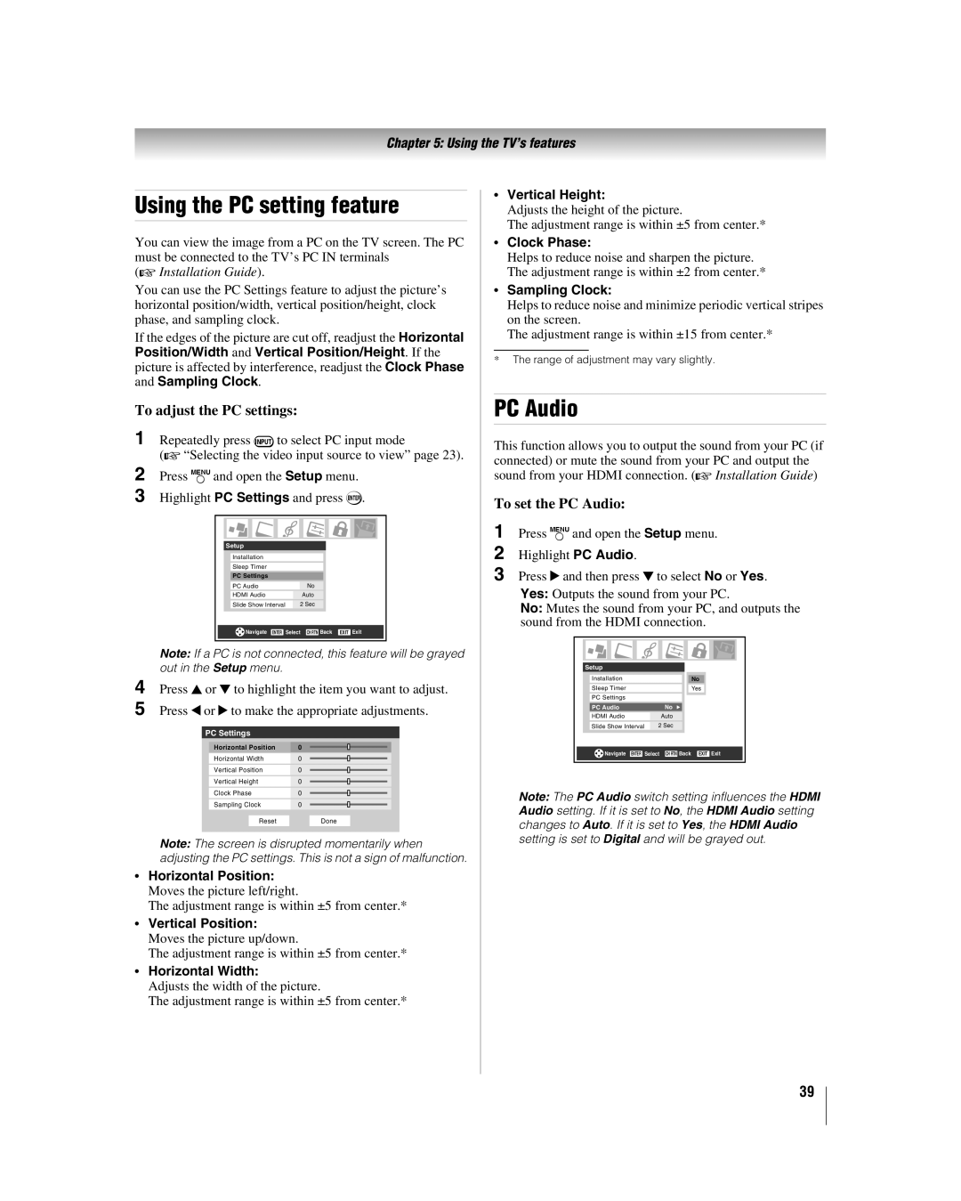 Toshiba 32HLV66 manual Using the PC setting feature, To adjust the PC settings, To set the PC Audio 