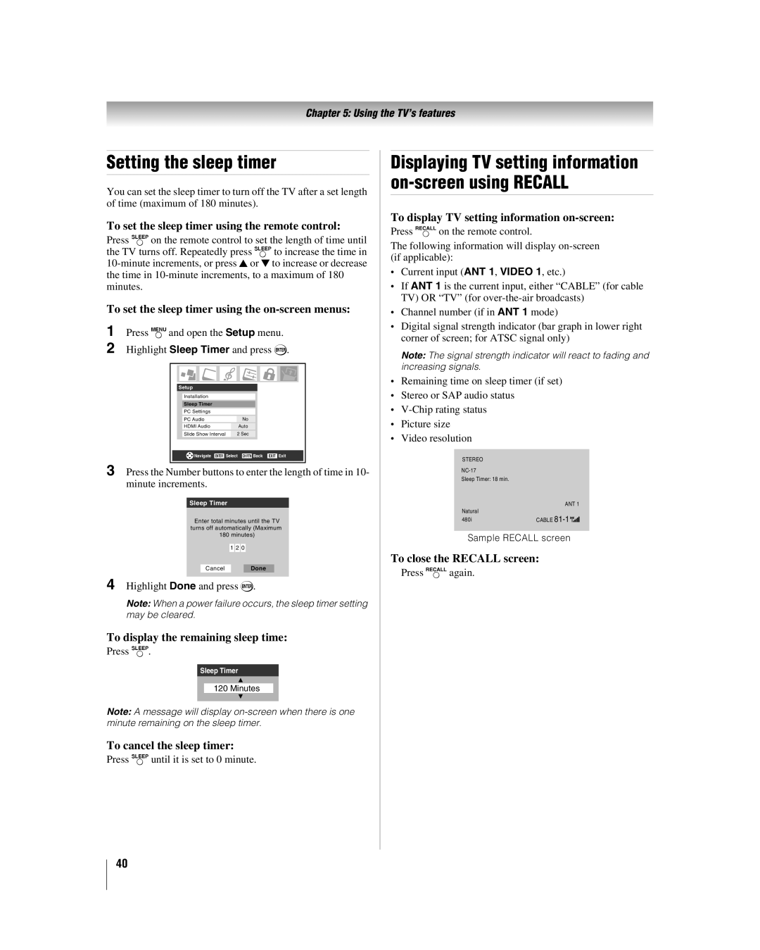 Toshiba 32HLV66 manual Setting the sleep timer 