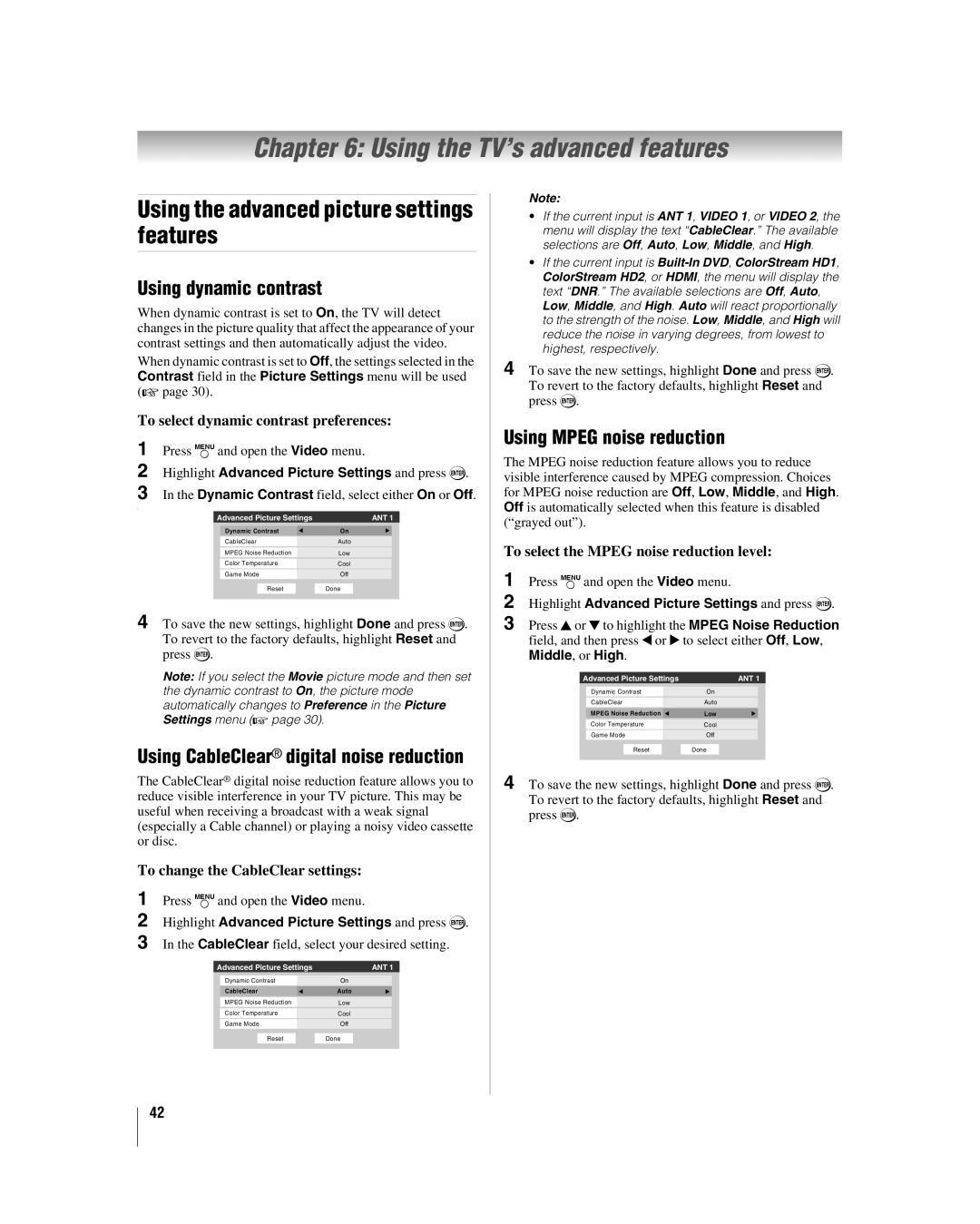 Toshiba 32HLV66 Using the TV’s advanced features, Using the advanced picture settings features, Using dynamic contrast 