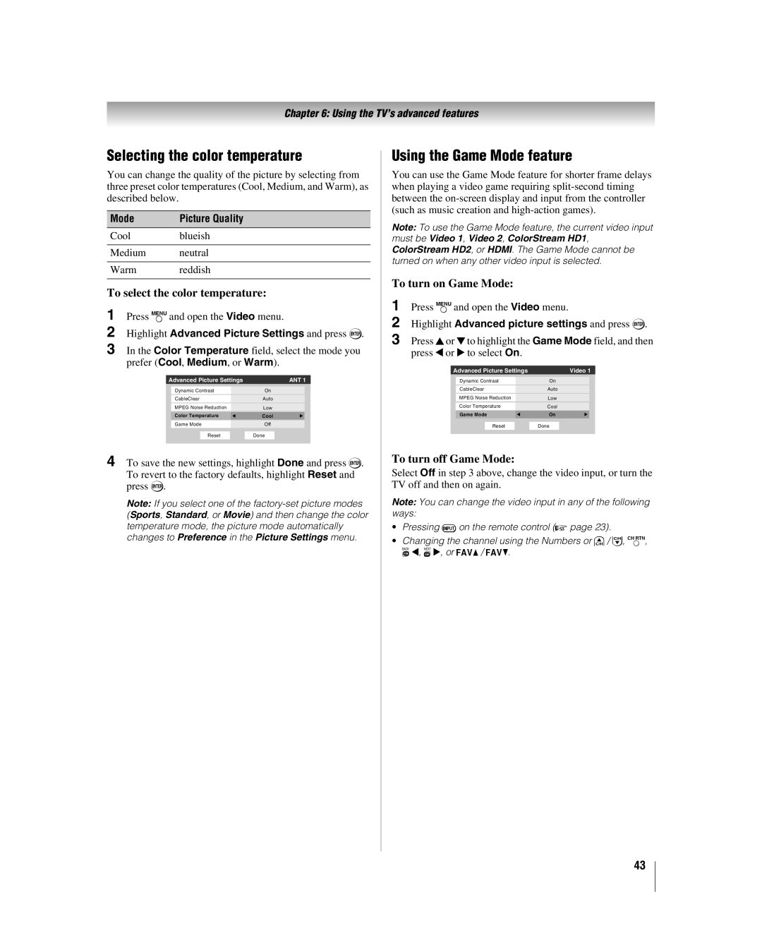 Toshiba 32HLV66 manual Selecting the color temperature, Using the Game Mode feature, To select the color temperature 