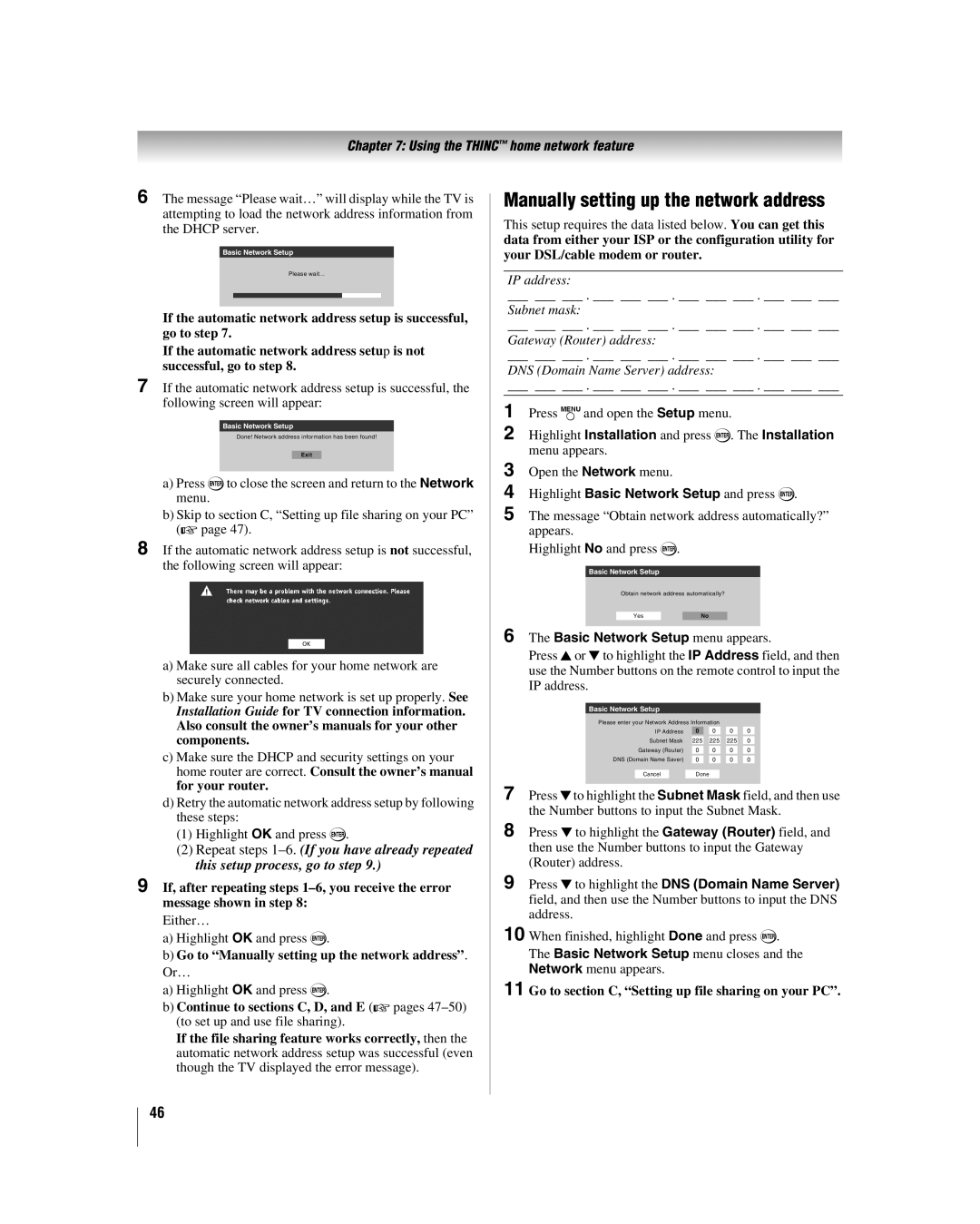 Toshiba 32HLV66 manual Manually setting up the network address, Either… Highlight OK and press T 