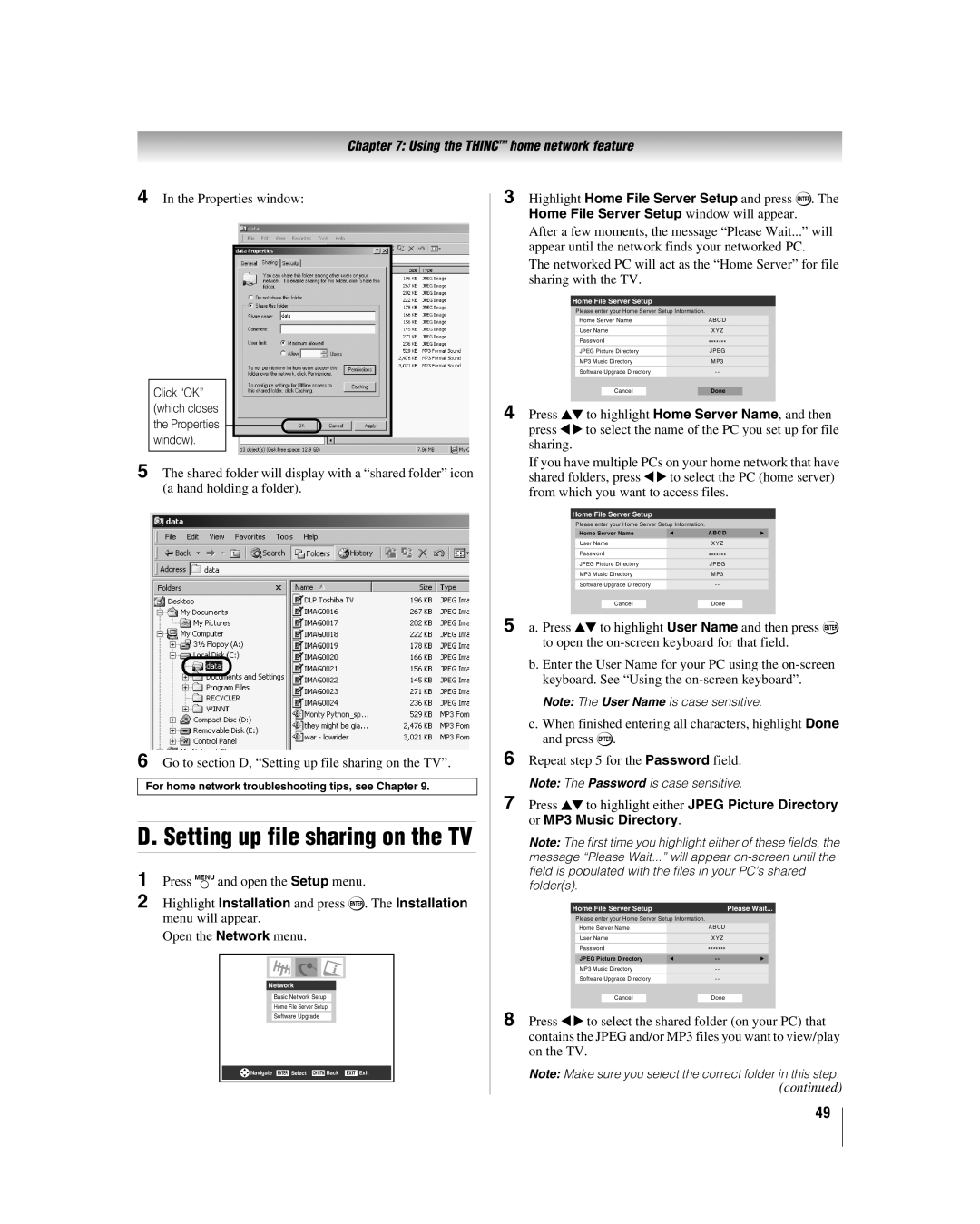 Toshiba 32HLV66 manual Setting up file sharing on the TV, Properties window 