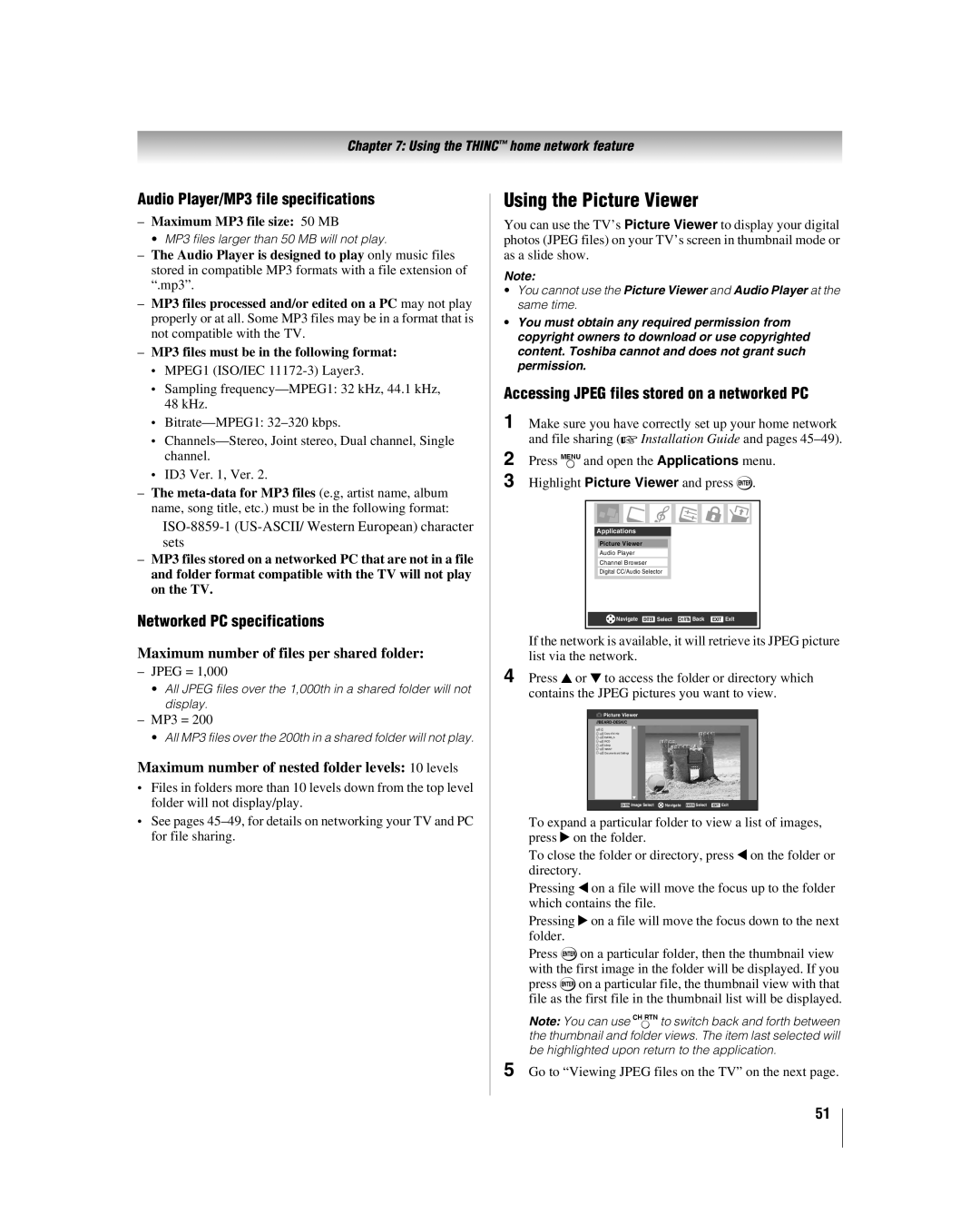 Toshiba 32HLV66 manual Using the Picture Viewer, Audio Player/MP3 file specifications, Networked PC specifications 