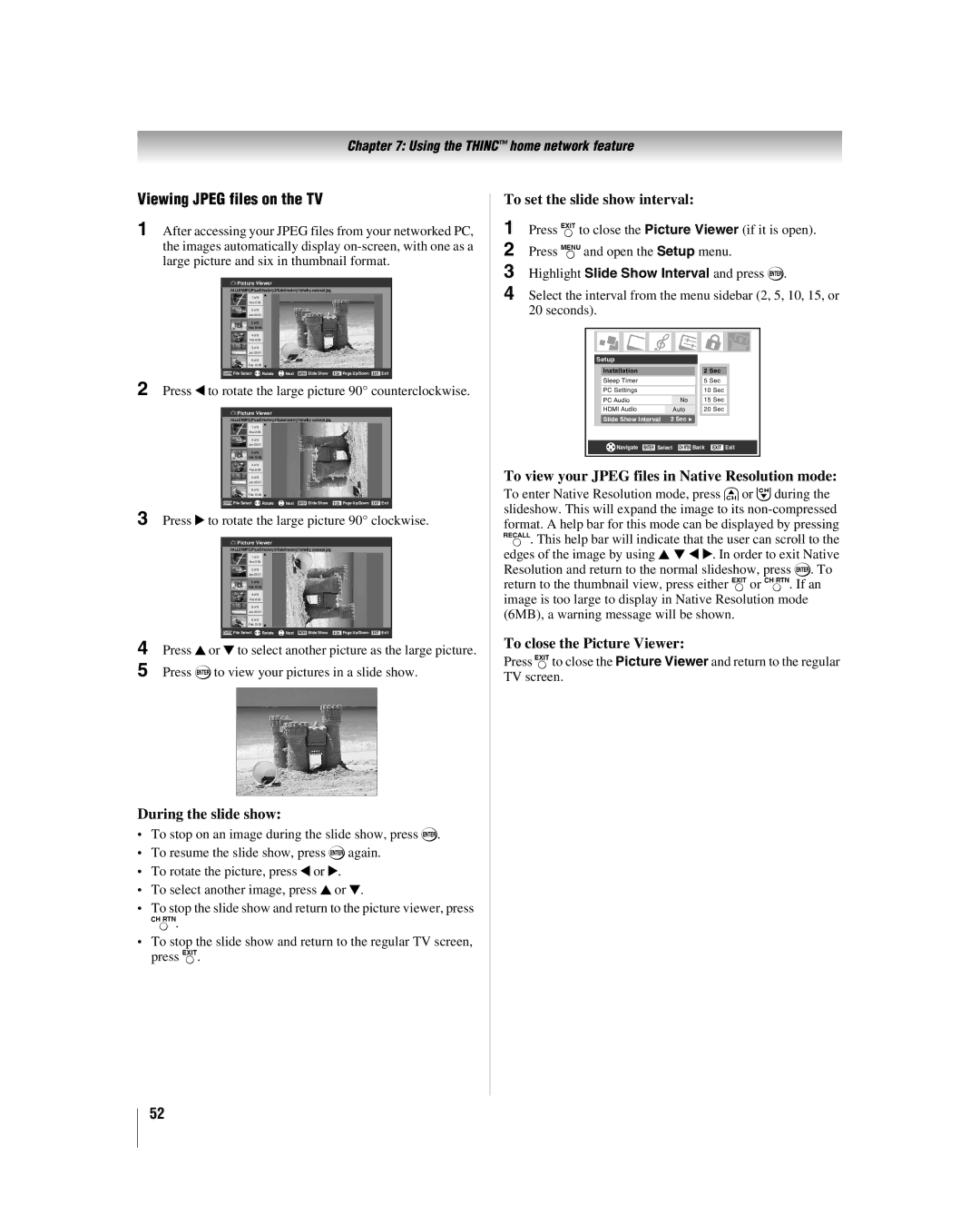 Toshiba 32HLV66 manual Viewing Jpeg files on the TV, During the slide show, To set the slide show interval 