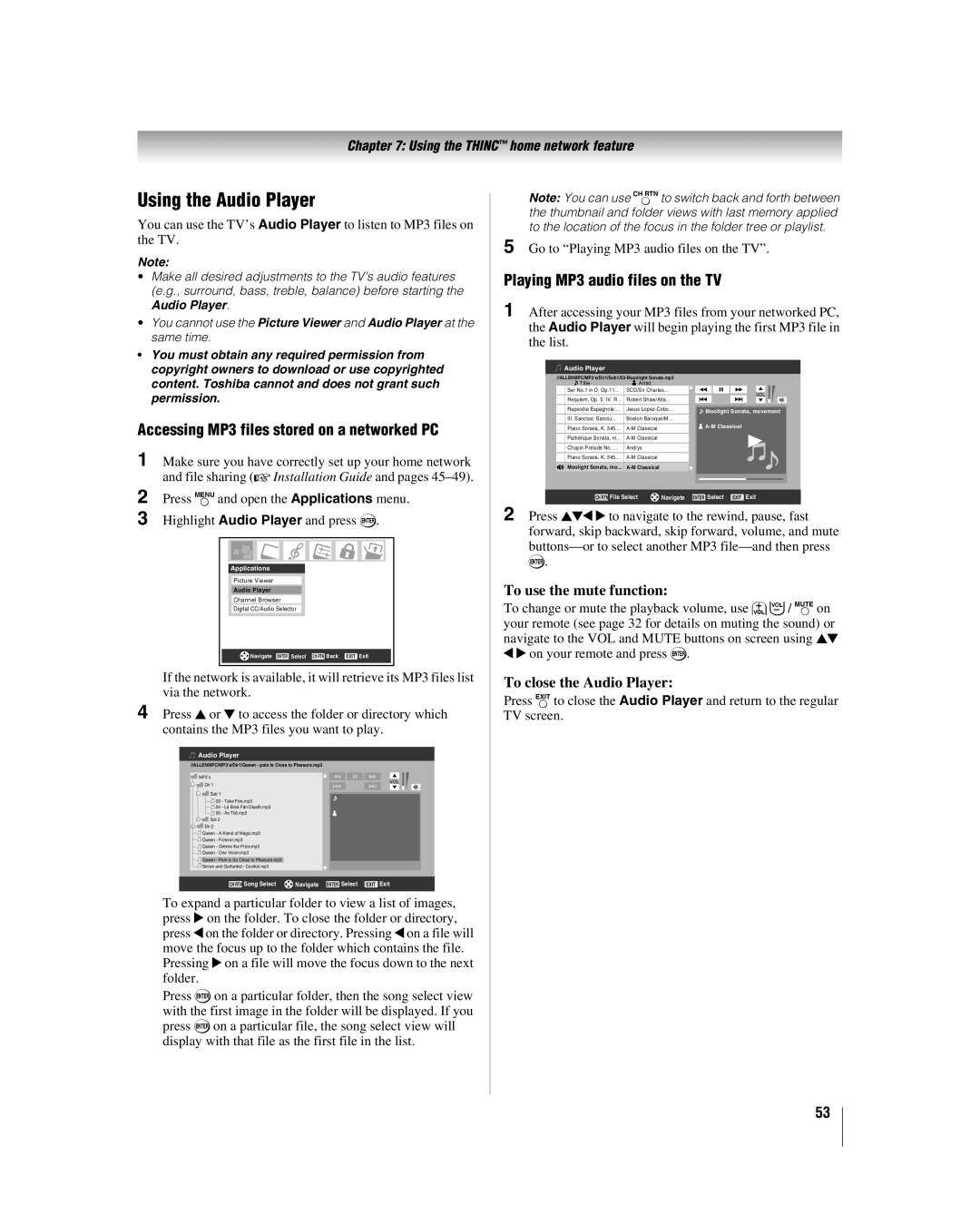 Toshiba 32HLV66 Using the Audio Player, Accessing MP3 files stored on a networked PC, Playing MP3 audio files on the TV 