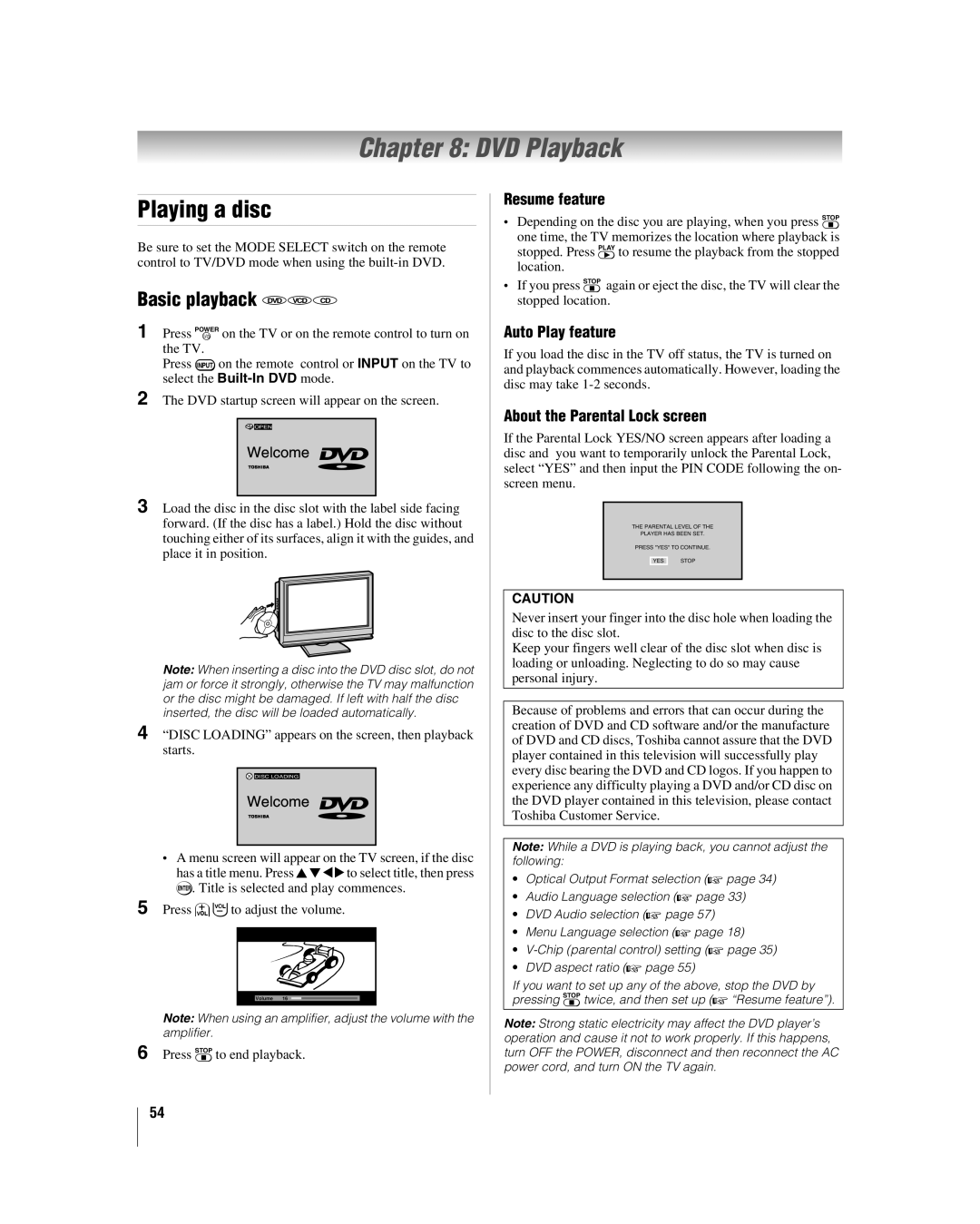 Toshiba 32HLV66 manual DVD Playback, Playing a disc, Basic playback DVD VCD CD 