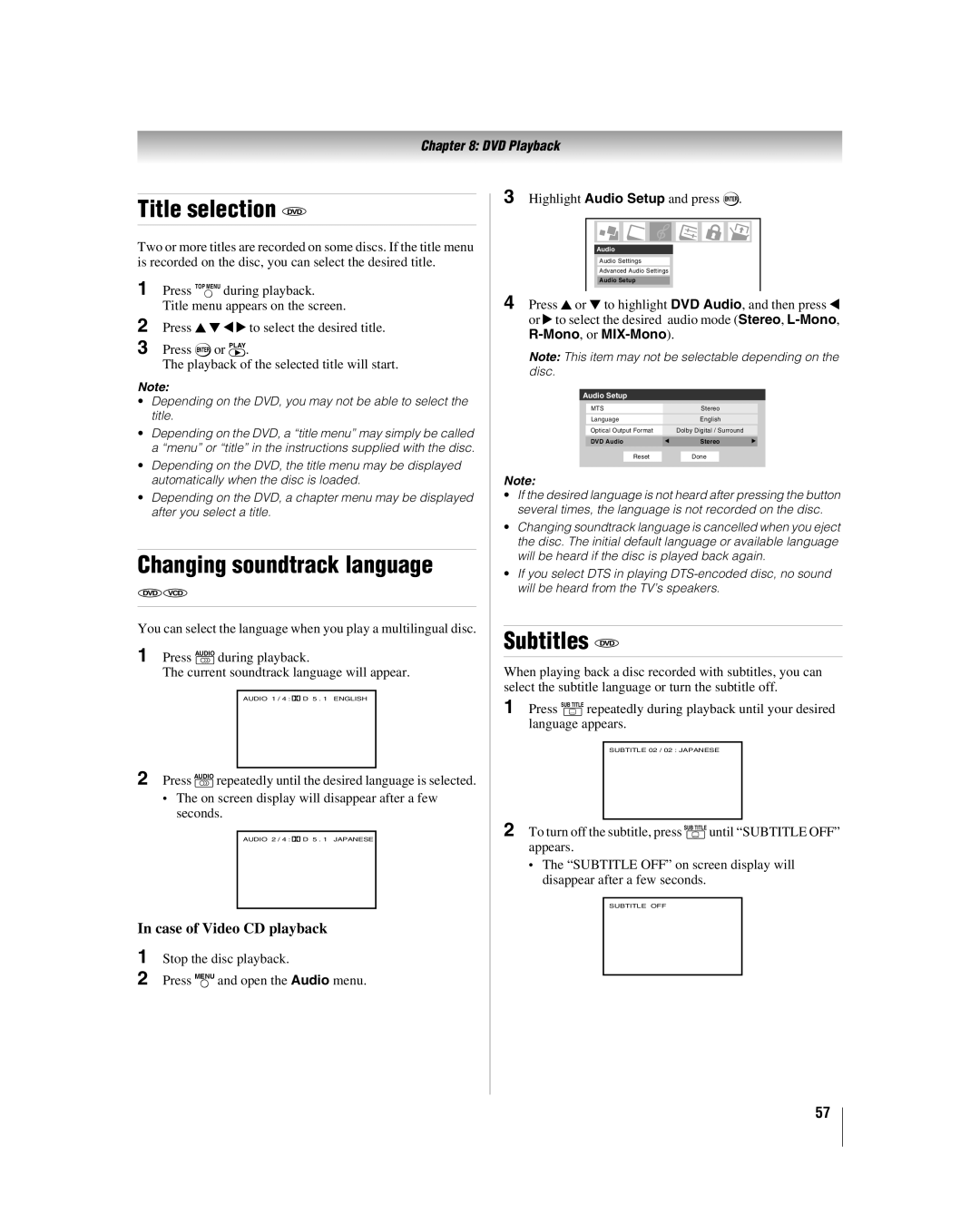 Toshiba 32HLV66 manual Title selection DVD, Changing soundtrack language, Subtitles DVD, Case of Video CD playback 