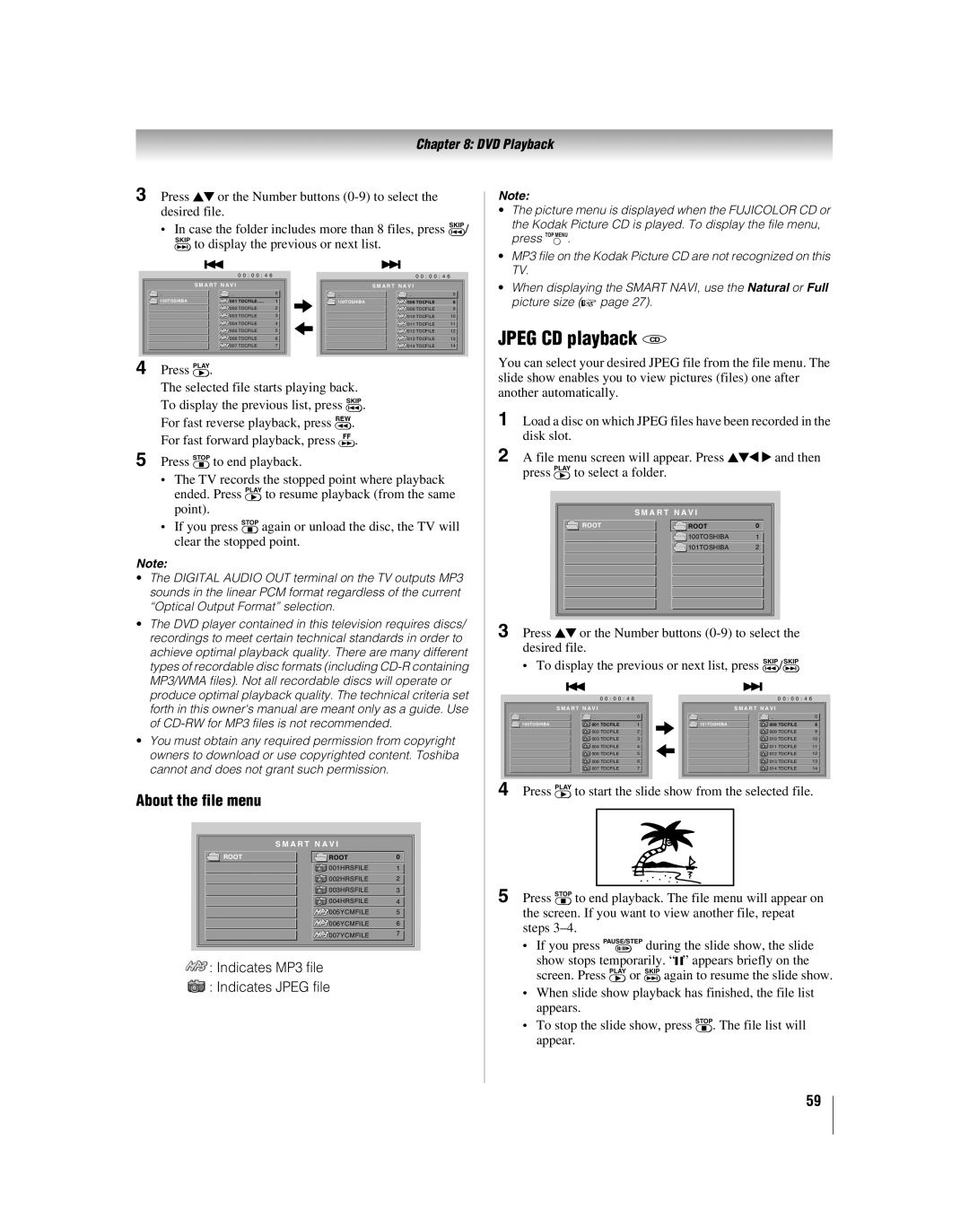 Toshiba 32HLV66 manual Jpeg CD playback CD, About the file menu 