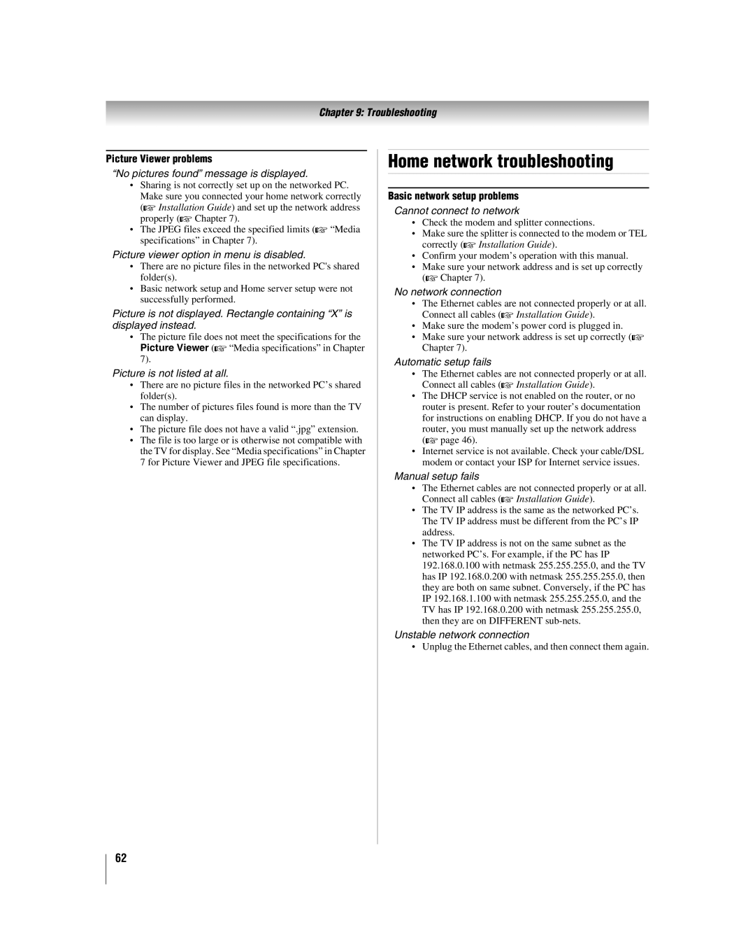 Toshiba 32HLV66 manual Home network troubleshooting, Picture Viewer problems, Basic network setup problems 