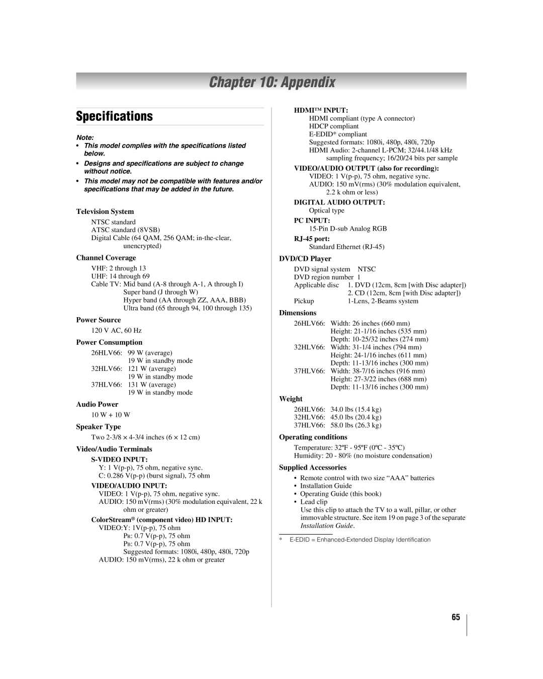 Toshiba 32HLV66 manual Appendix, Specifications 