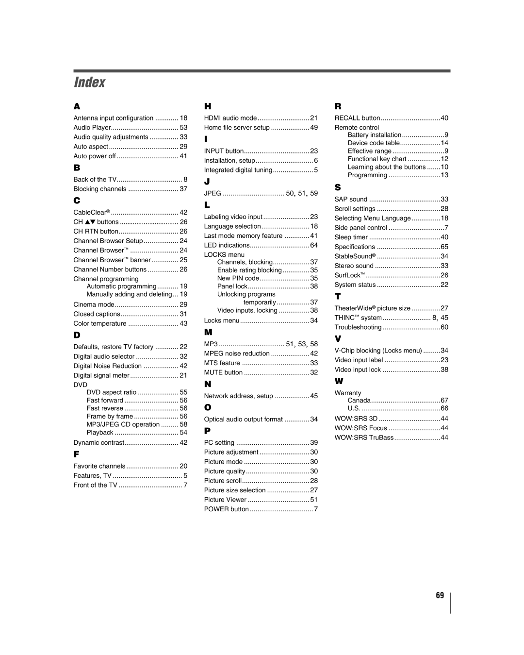 Toshiba 32HLV66 manual Index, Dvd 