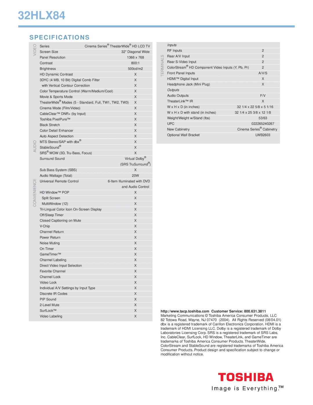 Toshiba 32HLX84 manual Specifications, Audio, Upc 