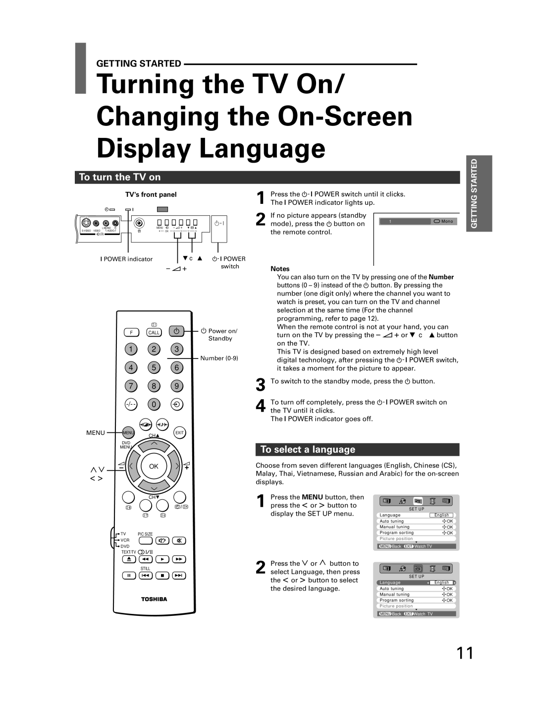 Toshiba 32JW8UA Turning the TV On Changing the On-Screen Display Language, To turn the TV on, To select a language 