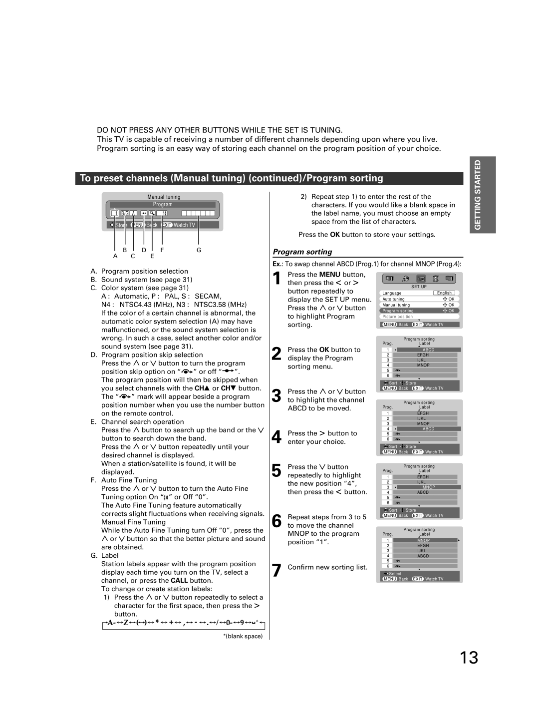 Toshiba 32JW8UA owner manual To preset channels Manual tuning /Program sorting, TVS Getting 