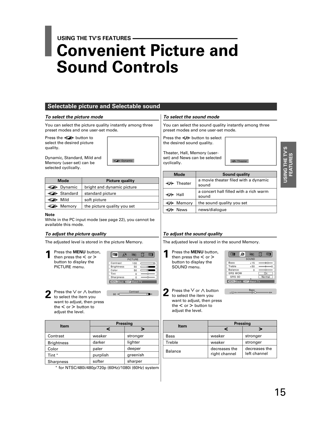 Toshiba 32JW8UA Convenient Picture and Sound Controls, Selectable picture and Selectable sound, To select the picture mode 