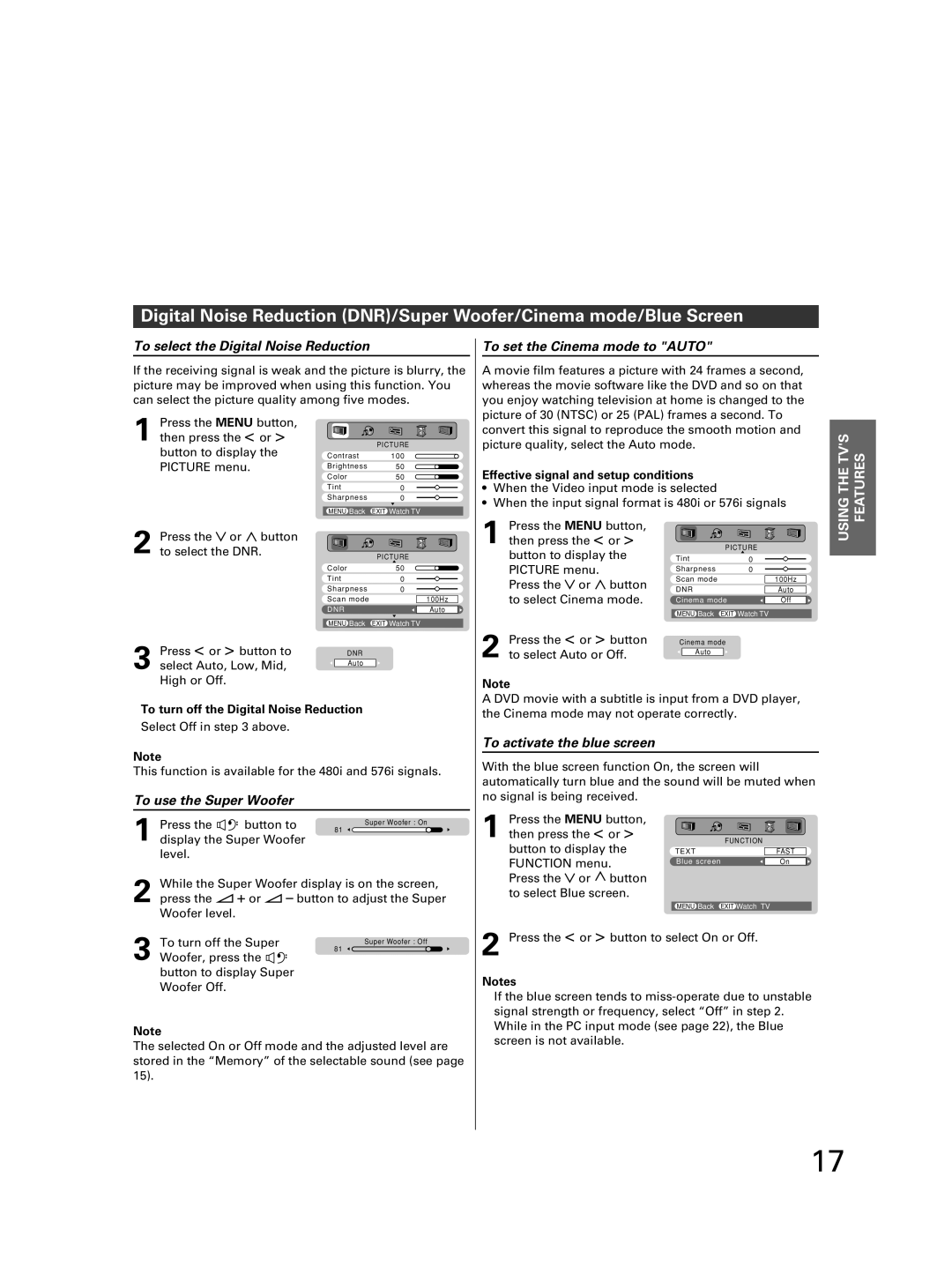 Toshiba 32JW8UA To select the Digital Noise Reduction, To set the Cinema mode to Auto, Using the TVS Getting Features 