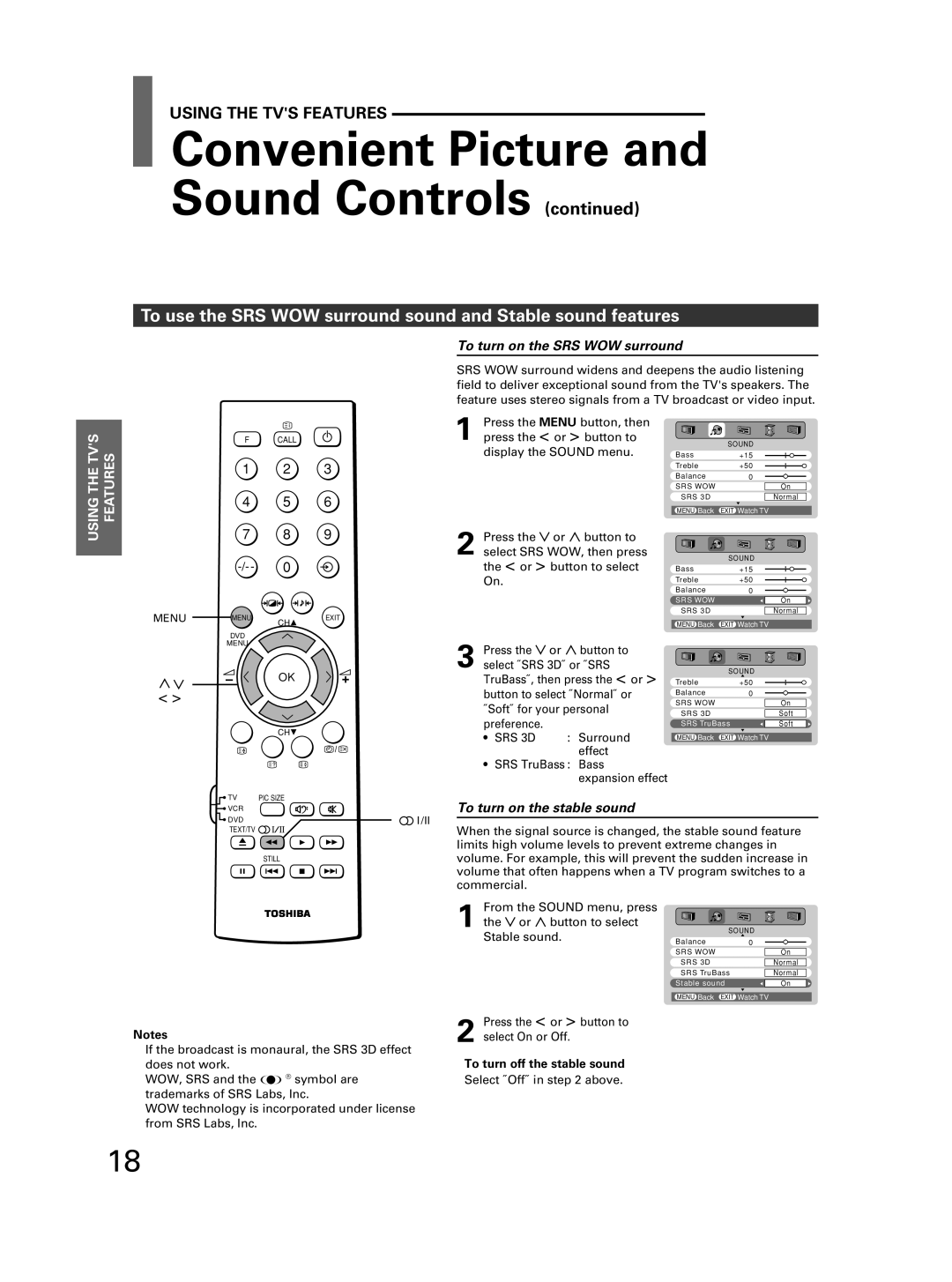 Toshiba 32JW8UA owner manual To use the SRS WOW surround sound and Stable sound features, To turn on the SRS WOW surround 