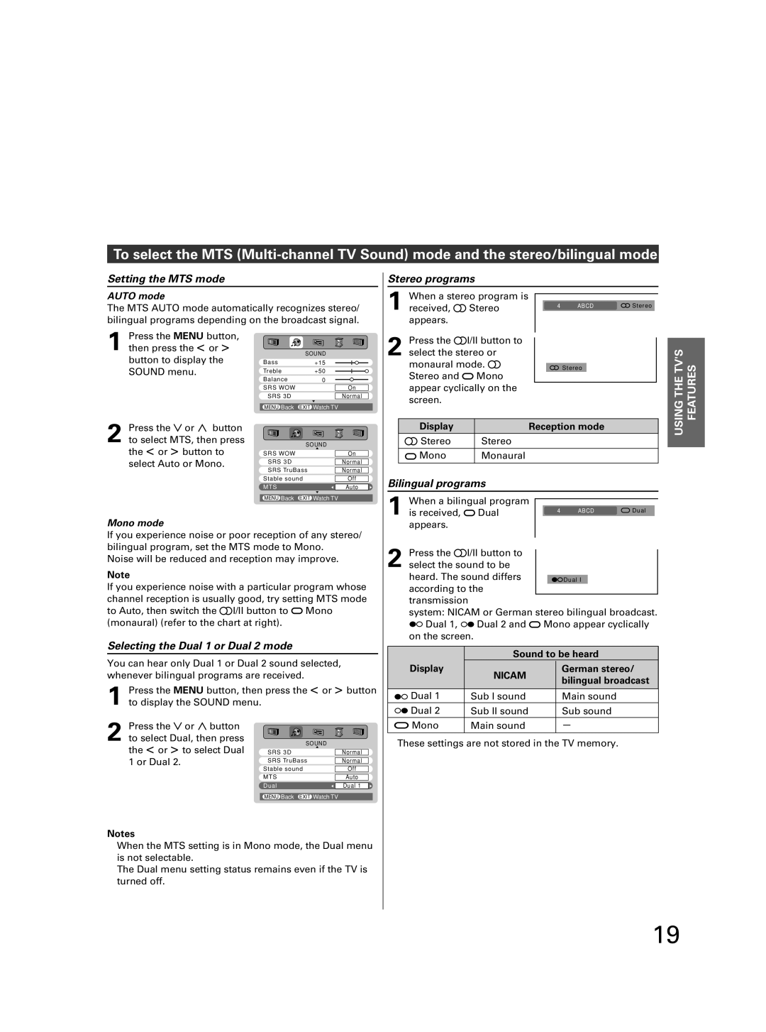 Toshiba 32JW8UA owner manual Setting the MTS mode Stereo programs, Selecting the Dual 1 or Dual 2 mode, Bilingual programs 