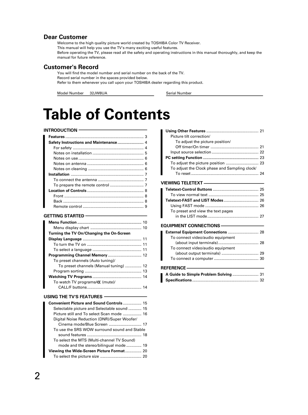 Toshiba 32JW8UA owner manual Table of Contents 